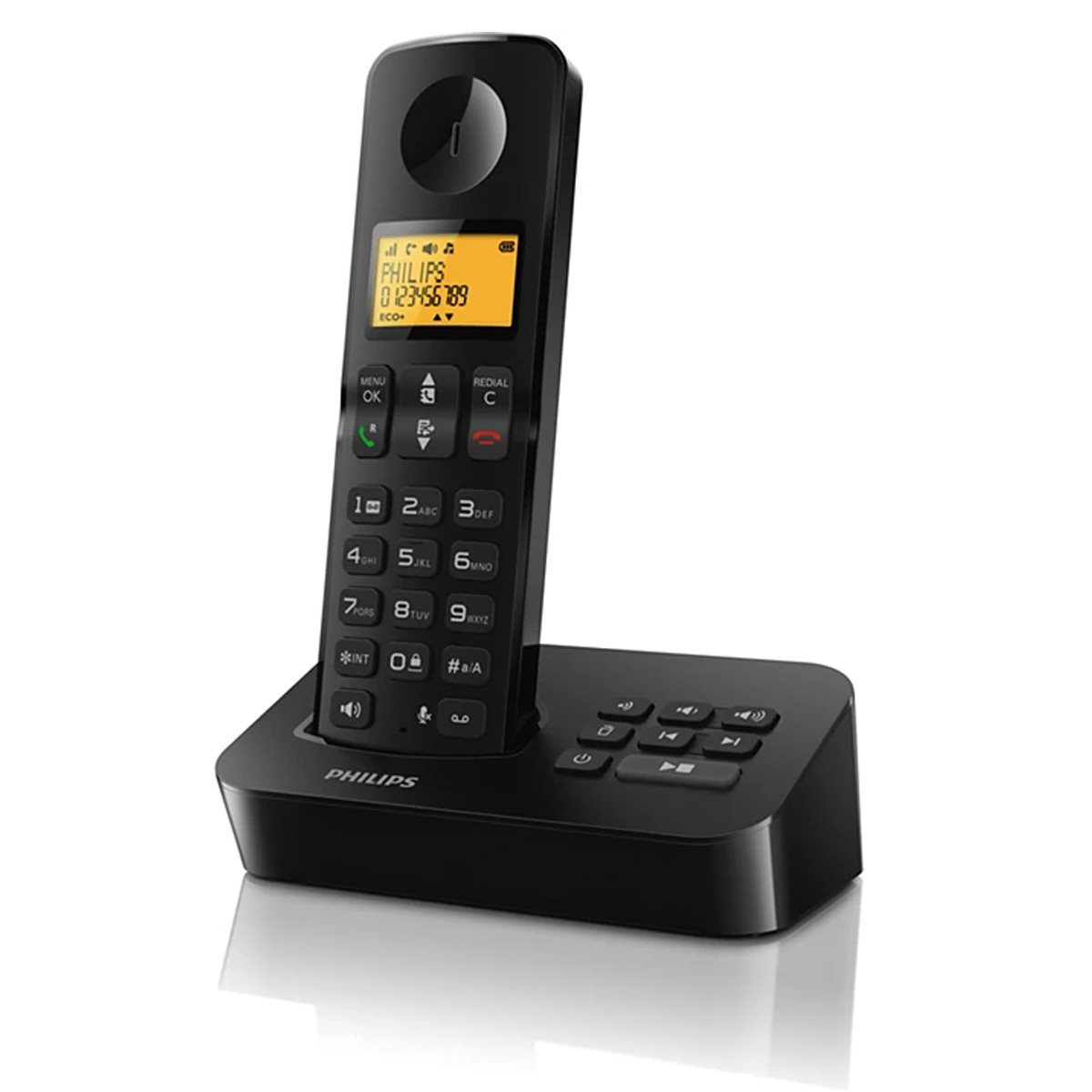 Schwarzes schnurloses Philips-Telefon auf einer Basis. Das Telefon hat einen Bildschirm und Tasten. Die Basis hat auch Tasten.