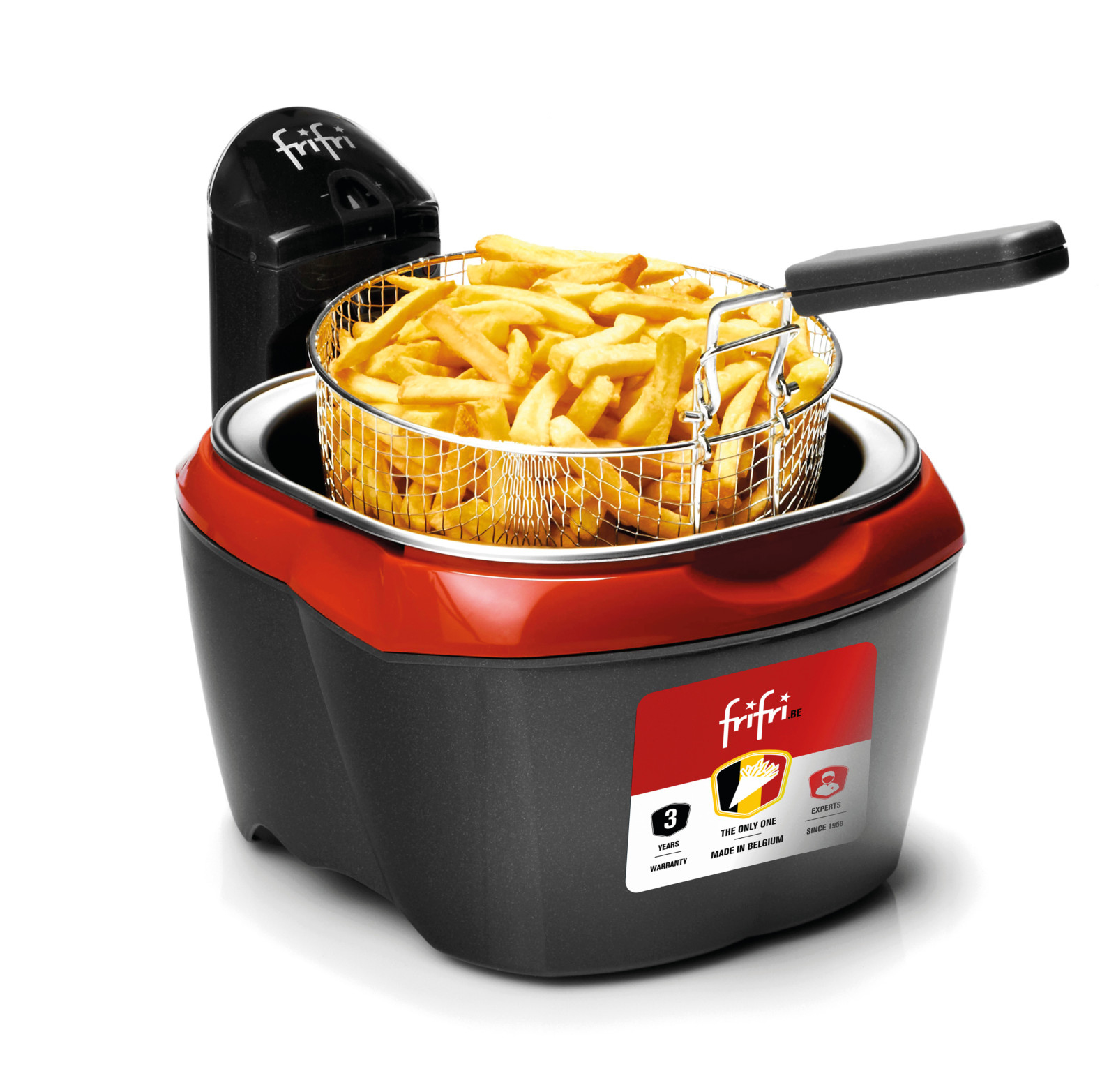 Friggitrice con cestello di patatine fritte. Nera e rossa. Marchio: frifri.