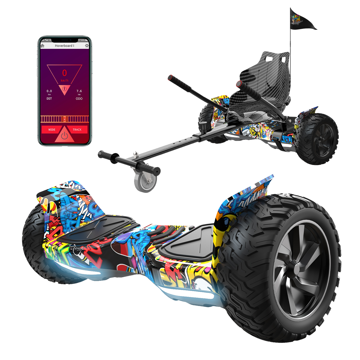 Ein Hoverboard mit Sitz und Flagge, gesteuert über ein Telefon. Das Hoverboard hat Graffiti-Kunst.