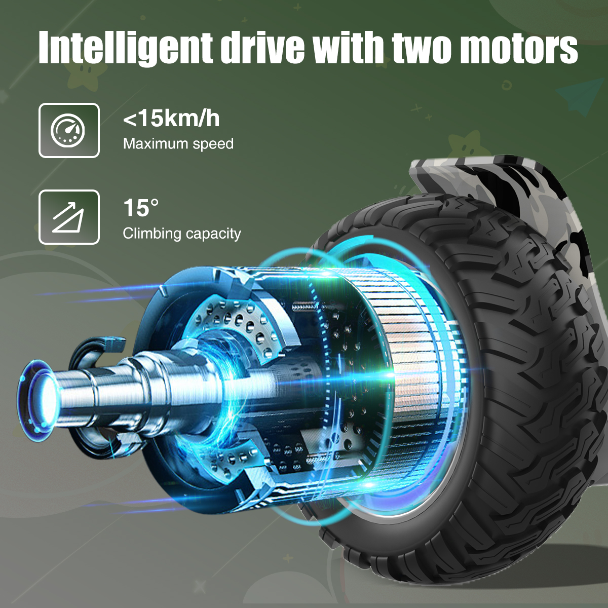 Zbliżenie silnika i opony hoverboardu. Pokazuje mechanizm wewnętrzny, podkreślając moc i zdolność wspinania się.