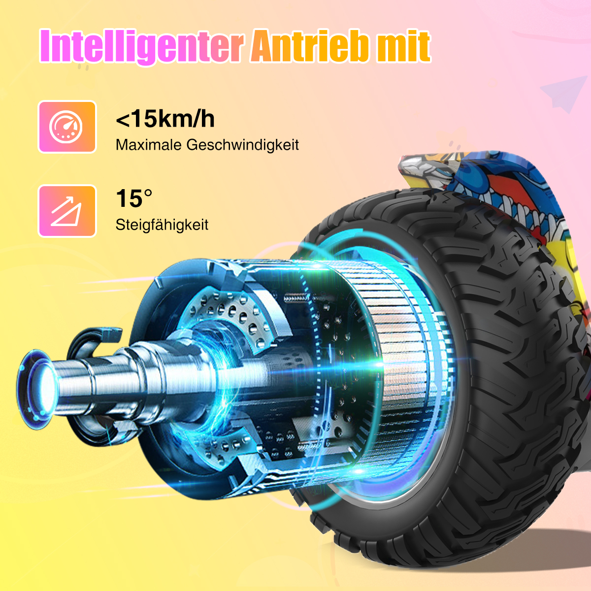 Zbliżenie silnika i koła hoverboardu. Pokazuje mechanizm wewnętrzny, podkreślając moc i zdolność wspinania się.