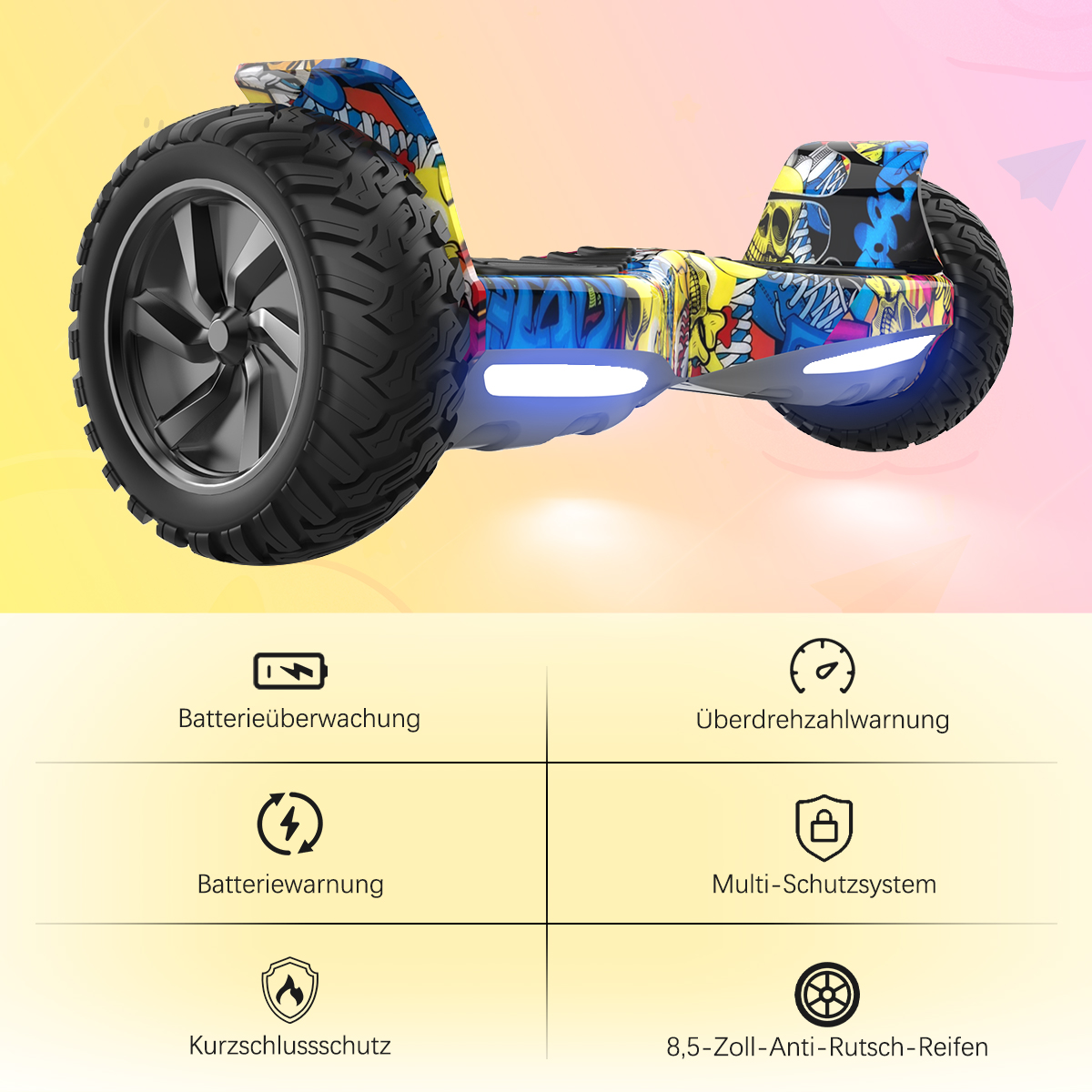 Hoverboard z kolorowym designem i dużymi oponami, z ikonami dla baterii i bezpieczeństwa.