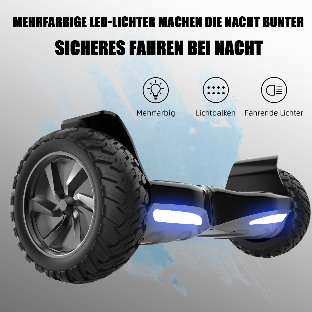 Black hoverboard with blue lights, large tires. Text at top says 'Safe driving at night'.
