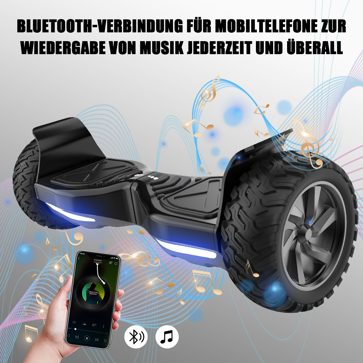 Black hoverboard with phone showing music app, musical notes floating. Bluetooth connection.