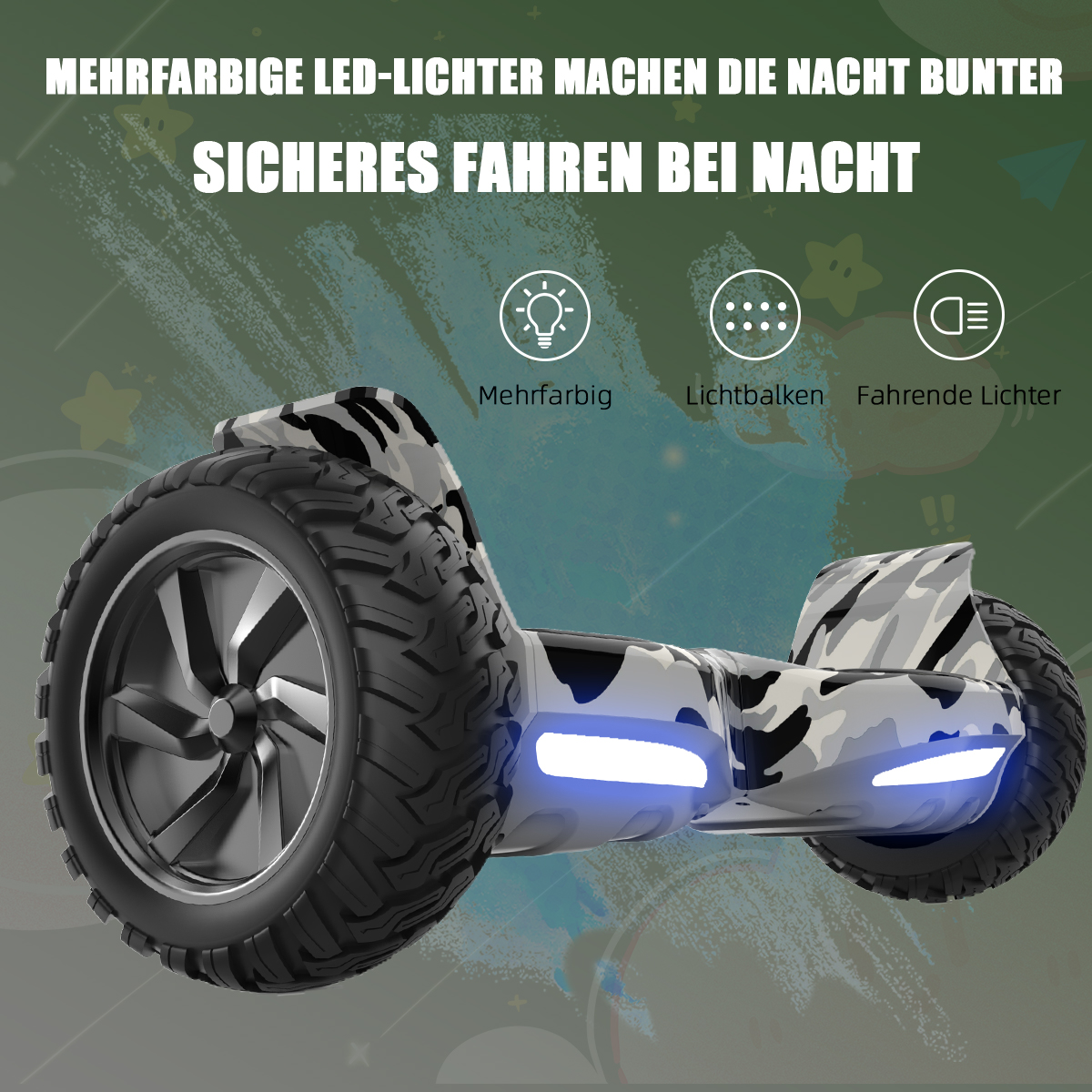 Hoverboard w kamuflażu z niebieskimi światłami, duże opony. Tekst: 'Bezpieczna jazda w nocy'.