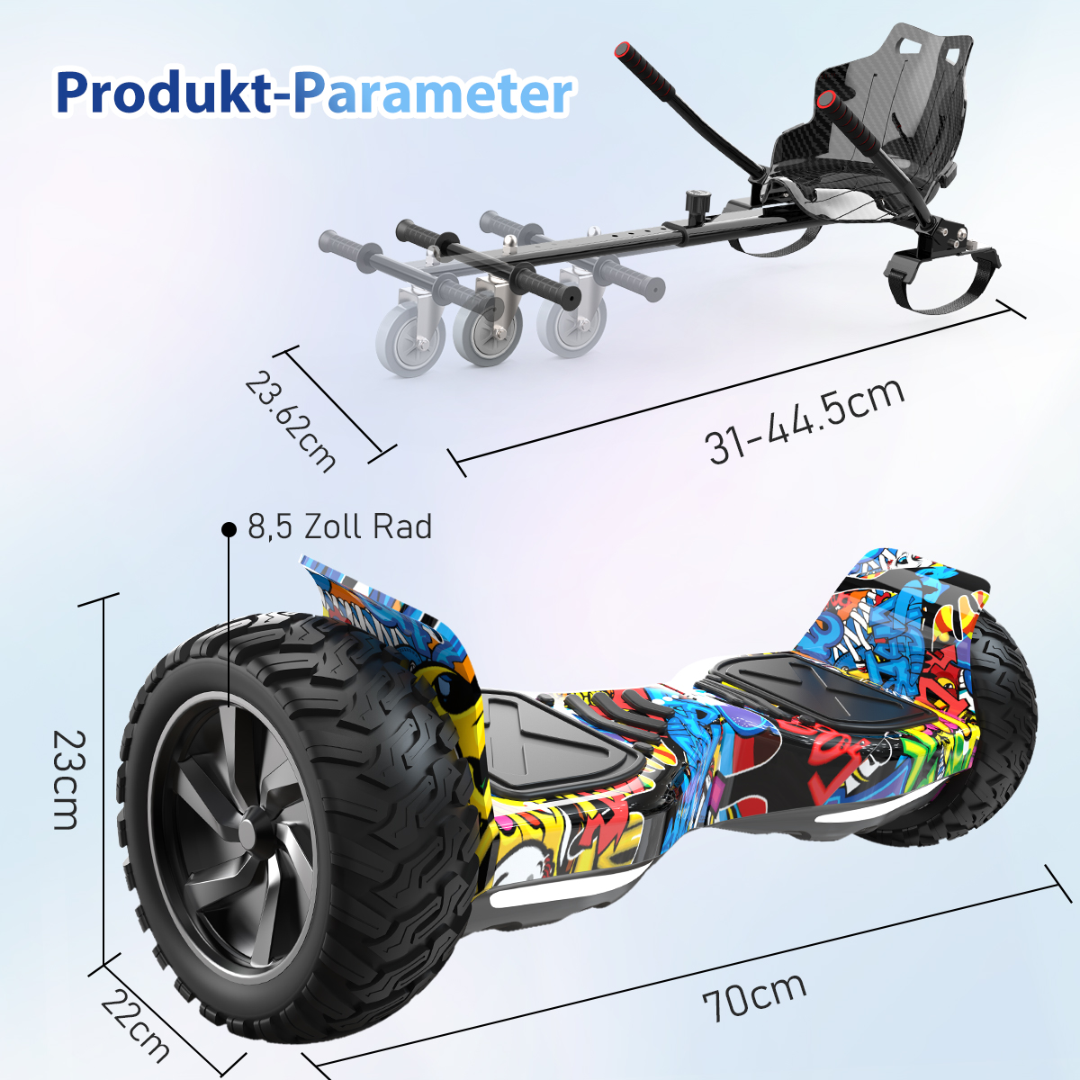 Schemat pokazujący wymiary hoverboardu i jego siedzenia, z pomiarami i etykietami.