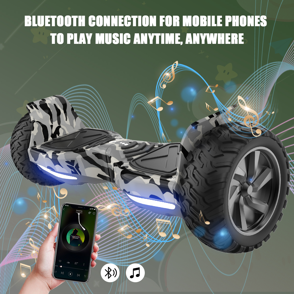 Hoverboard moro z telefonem pokazującym aplikację muzyczną, unoszące się nuty. Połączenie Bluetooth.