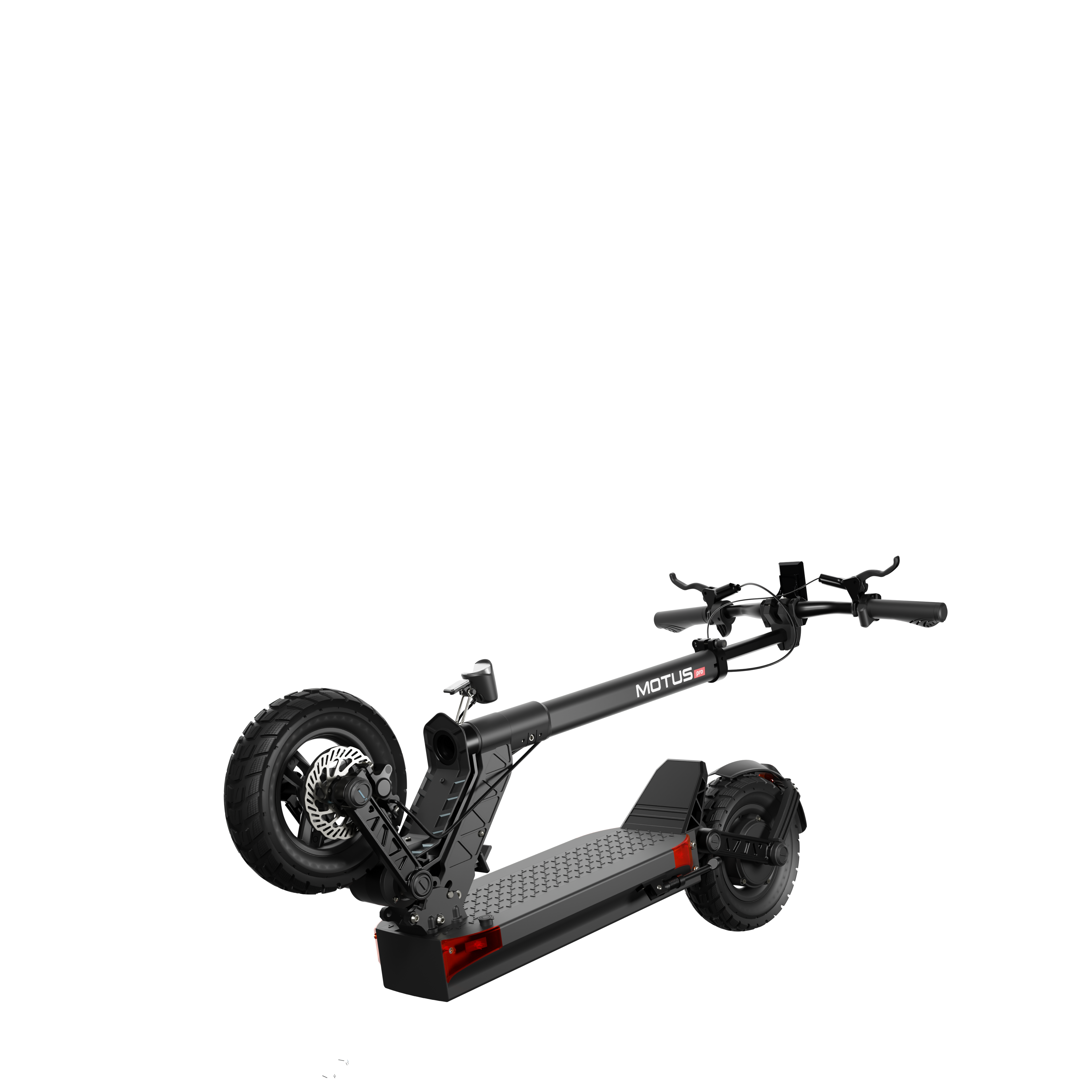 Scooter elettrico nero con sfondo nero. Lo scooter è visto da un angolo.