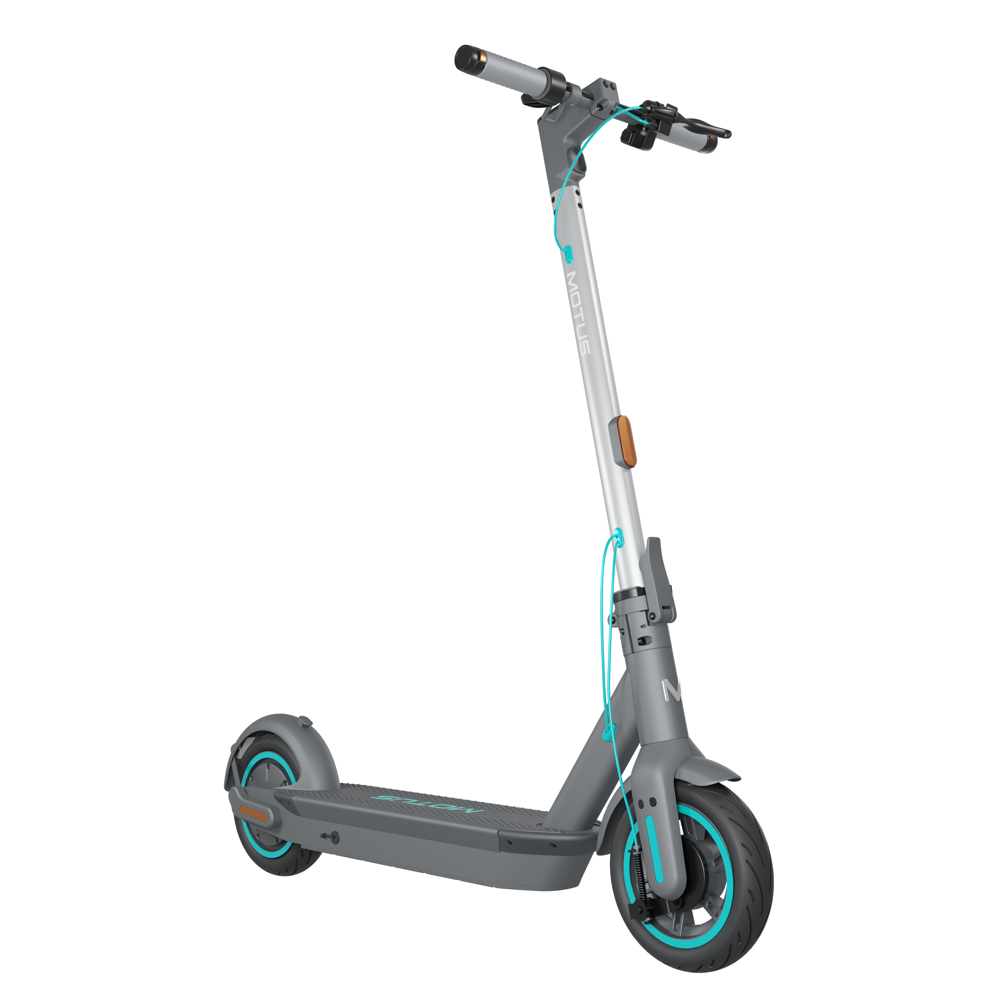 Szary skuter, widok z boku. Cechy to jasnoniebieski, szary i srebrny. Czarne tło.