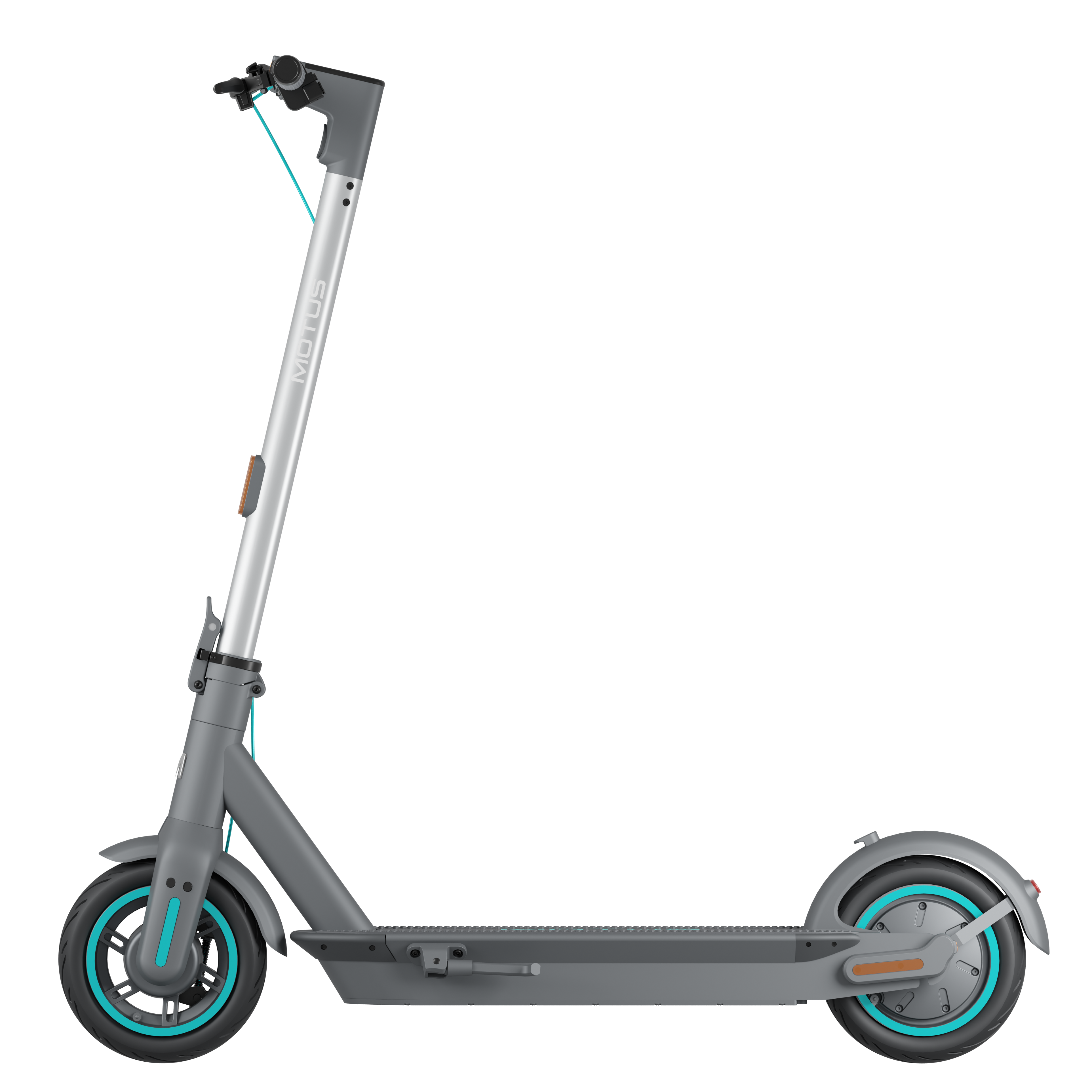 Szary skuter, widok z boku. Cechy to jasnoniebieski, szary i srebrny. Czarne tło.