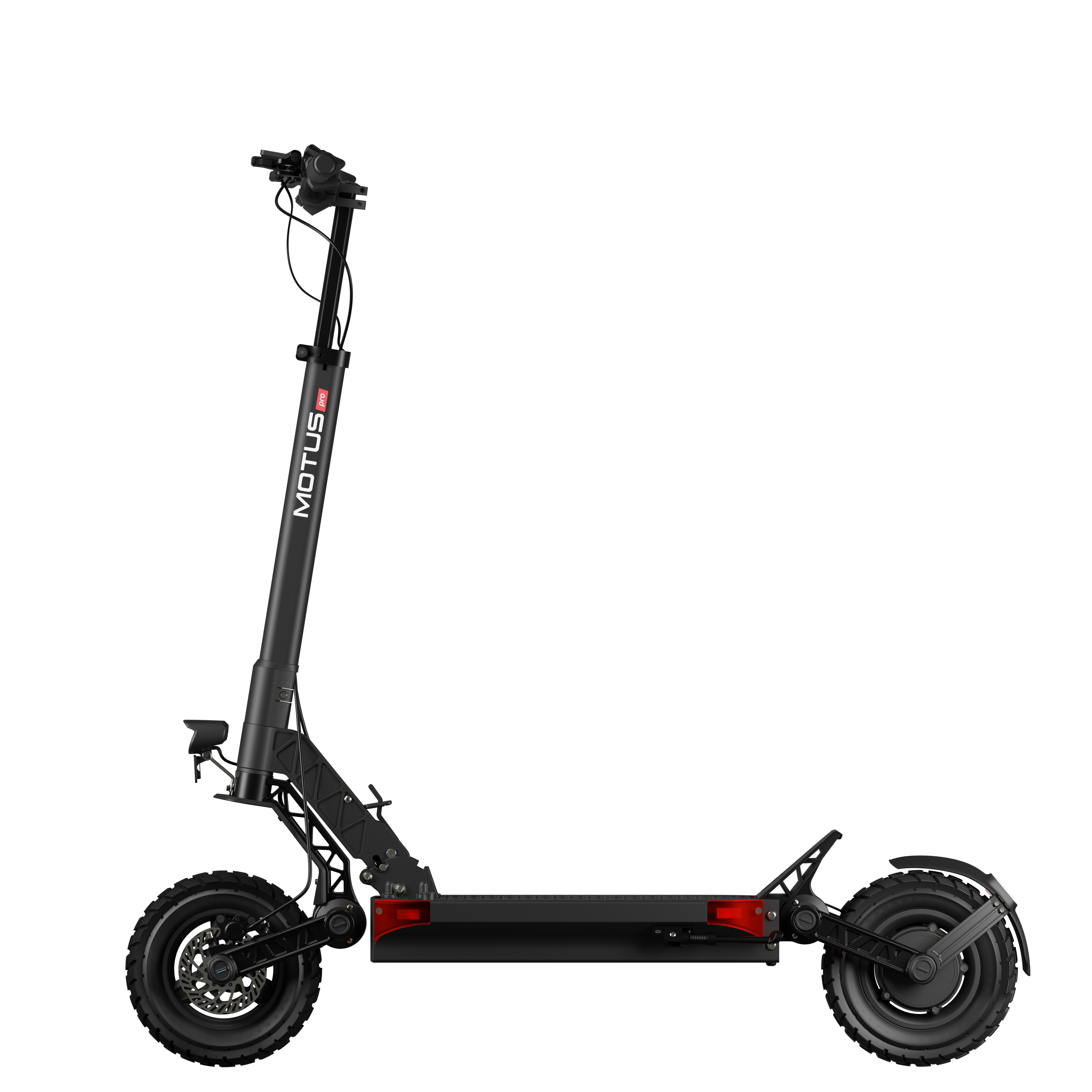 Vista laterale di un monopattino elettrico MOTUS nero su sfondo nero. Lo scooter è inclinato verso destra.