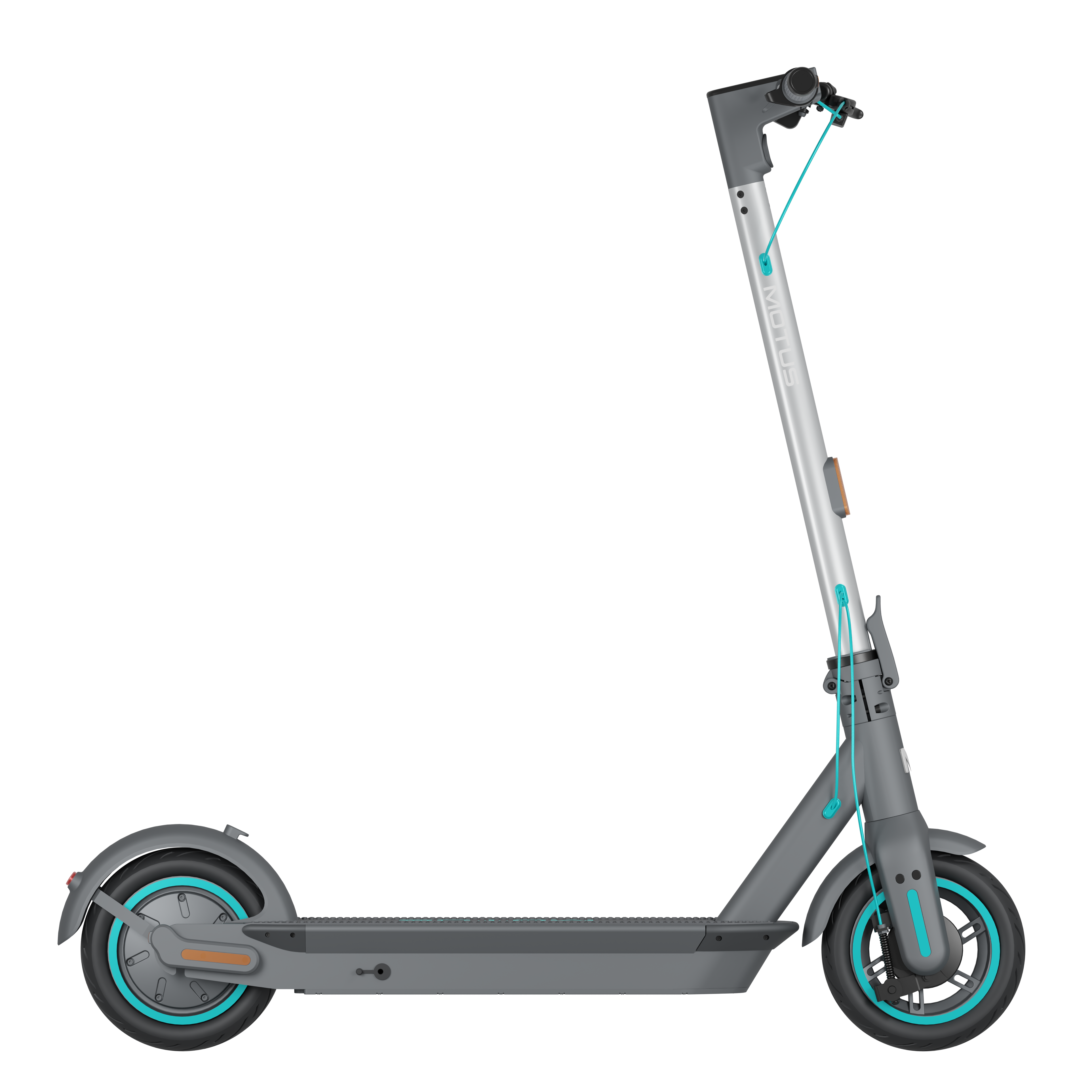 Widok z boku szarej hulajnogi elektrycznej z turkusowymi akcentami. Hulajnoga jest pochylona w prawo.