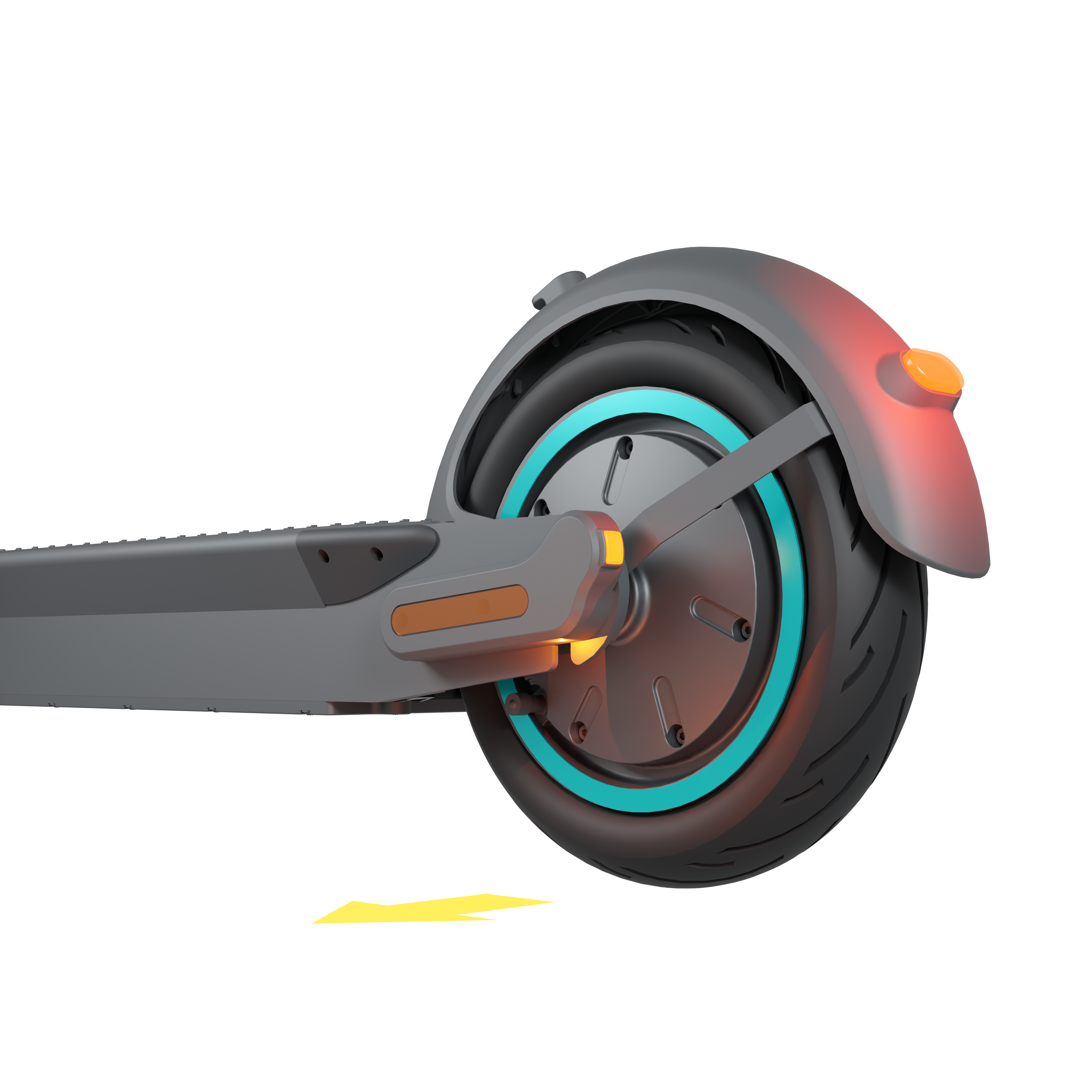 Zbliżenie tylnego koła szarej hulajnogi elektrycznej z turkusowymi akcentami na czarnym tle.
