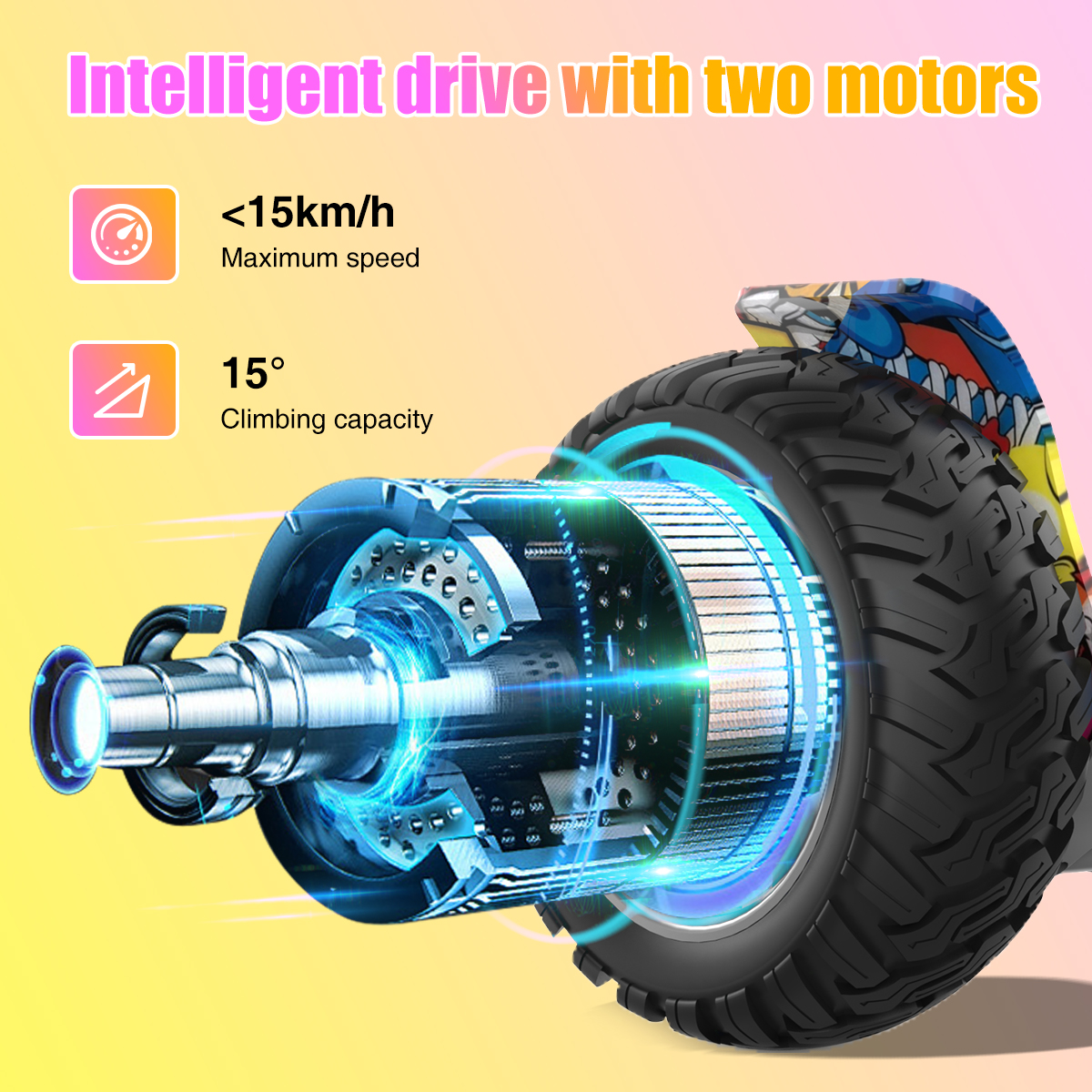 Afbeelding toont een motor met tekst over maximale snelheid en klimvermogen. De motor heeft een band en is verlicht met blauw licht.