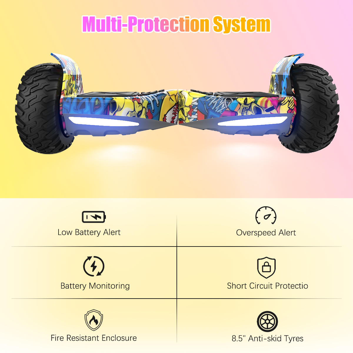 Ein Hoverboard mit Graffiti-Design, mit Symbolen, die Funktionen wie niedrige Batterie und Übergeschwindigkeitswarnung anzeigen.