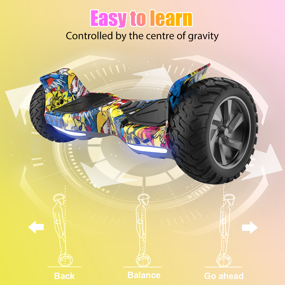 Een hoverboard met graffiti-kunst, dat evenwicht en beweging illustreert met pijlen en menselijke figuren.