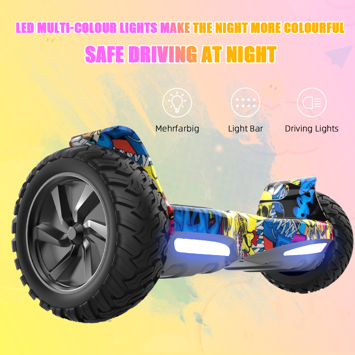 Kleurrijk hoverboard met tekst 'Veilig rijden in de nacht', ook tekst over lichten.