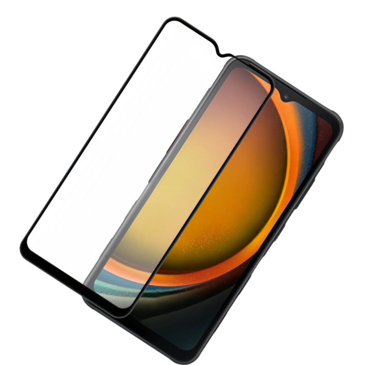 Uno smartphone con una protezione per lo schermo, che mostra un design astratto arancione e nero.