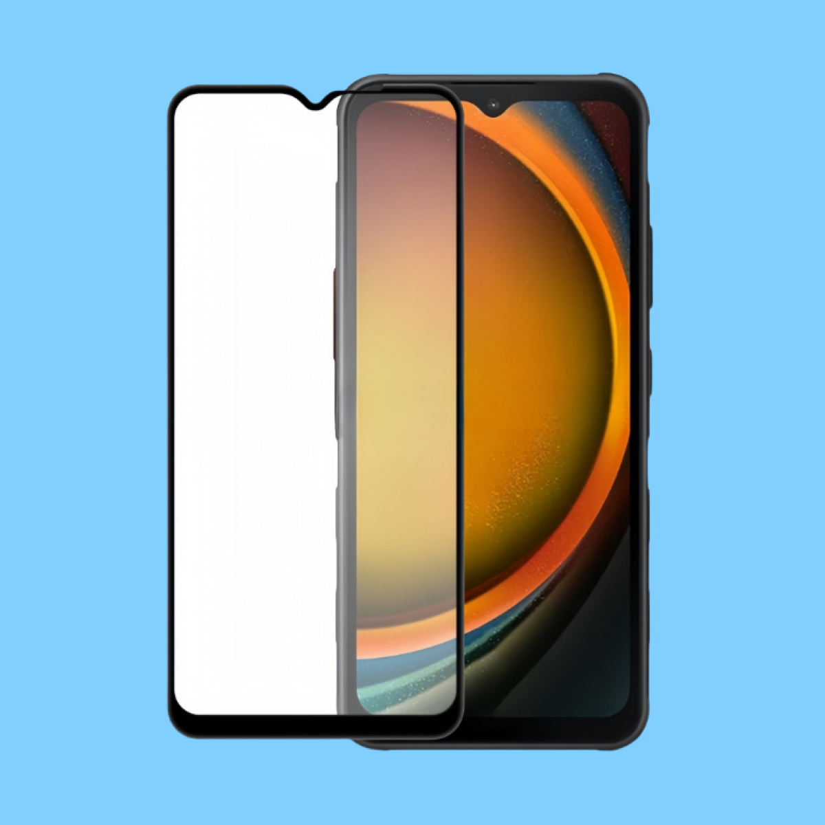 Un telefono con protezione schermo. Il telefono è nero e ha un design arancione e nero, sfondo blu.