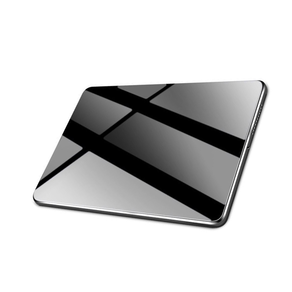 Odbijająca, prostokątna powierzchnia z czarnymi wzorami kątowymi. Wydaje się być lekko podniesiona, białe tło.