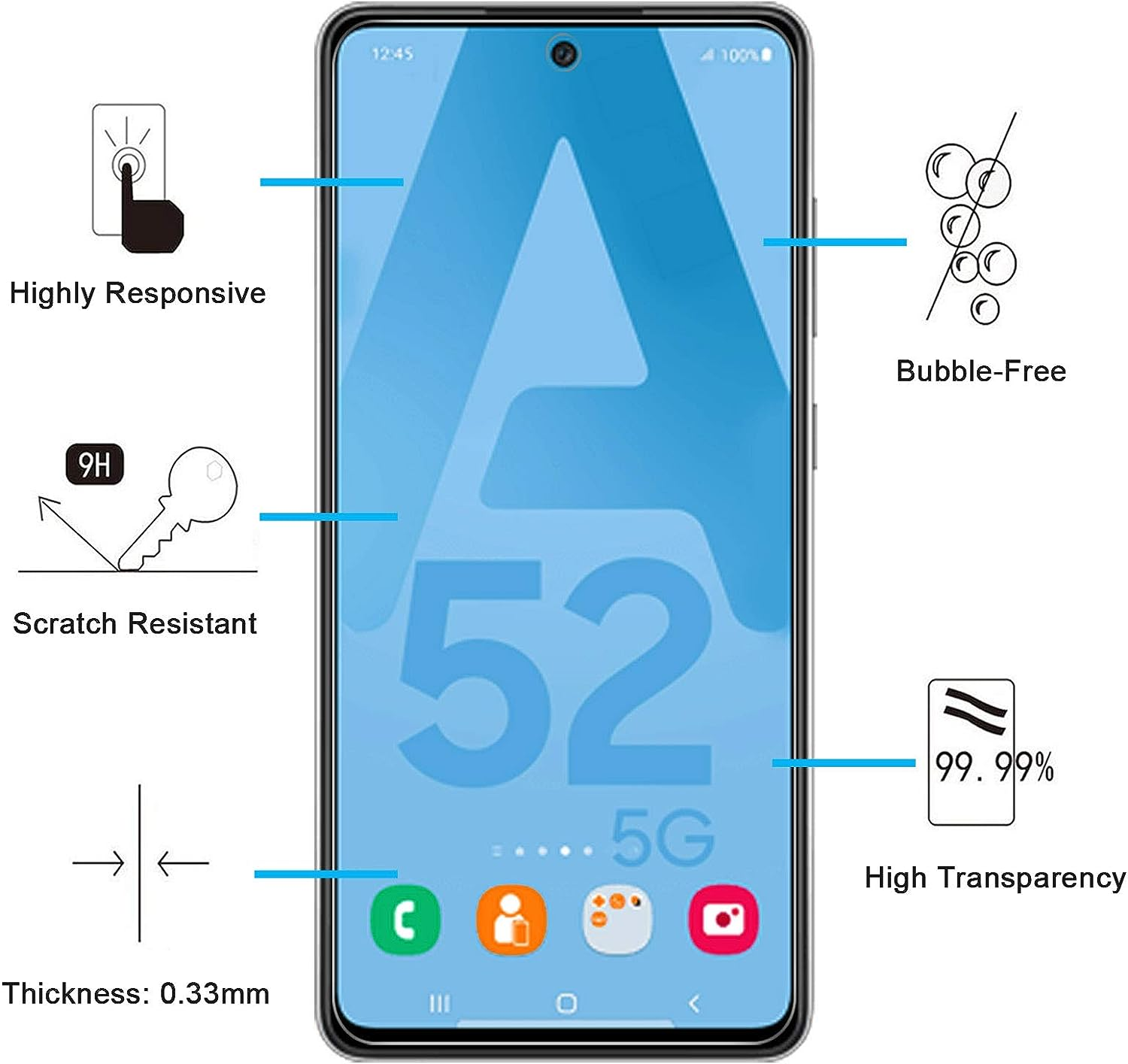 Uno schermo del telefono mostra uno sfondo blu con un'illustrazione del telefono e delle funzioni correlate.