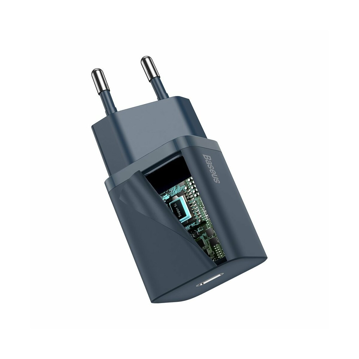 Zbliżenie ciemnoniebieskiej ładowarki do telefonu Baseus z otwartym bokiem pokazującym wewnętrzne komponenty na białym tle.