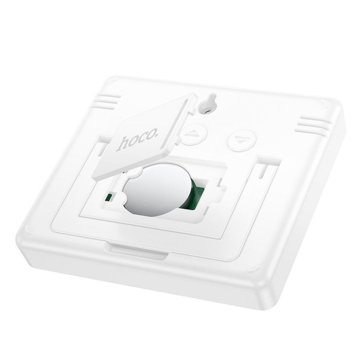 Un dispositivo quadrato bianco con un coperchio aperto che rivela uno specchio circolare, su sfondo bianco.