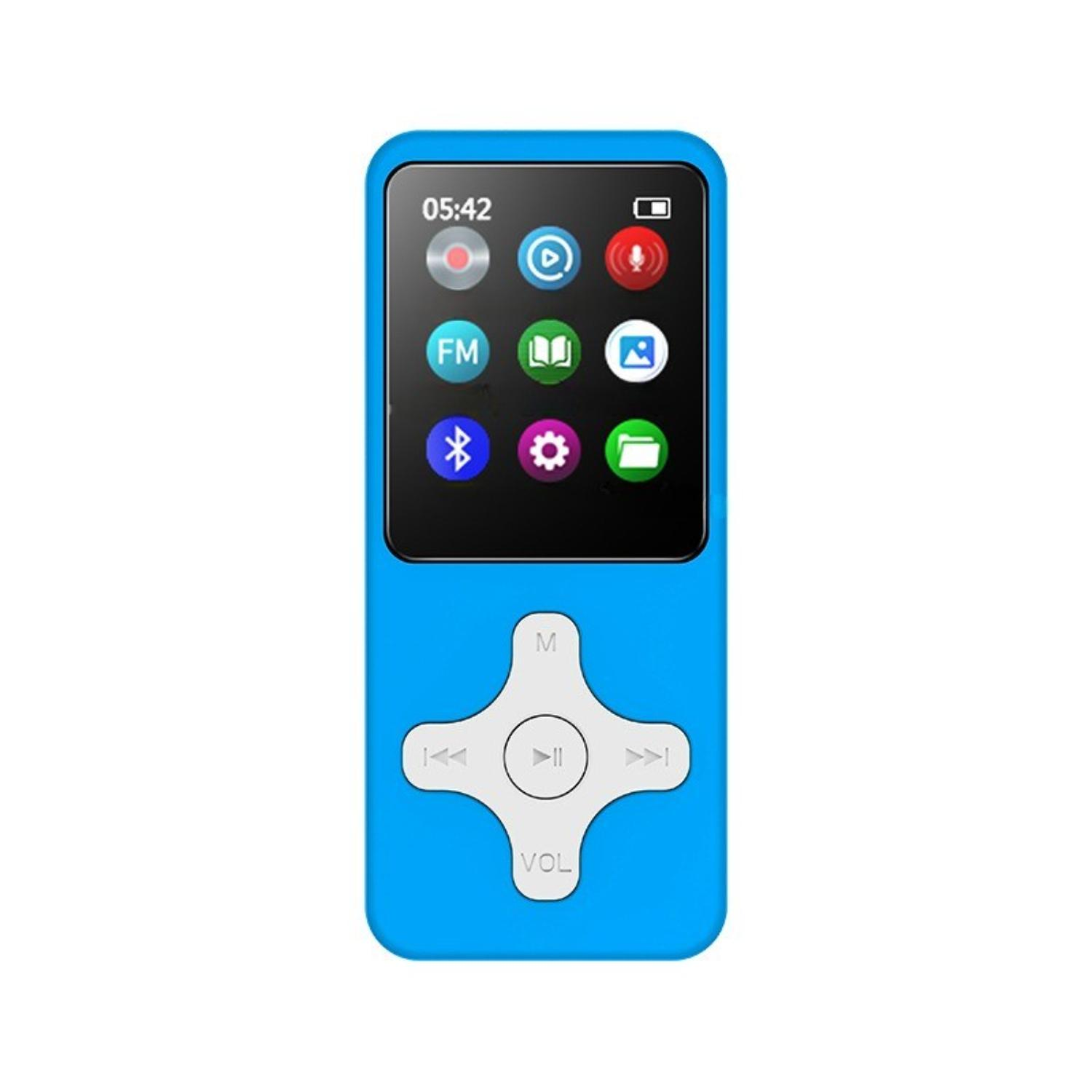 Ein blauer MP3-Player mit einem Bildschirm, der Symbole anzeigt. Er hat Tasten für Navigation und Lautstärke.