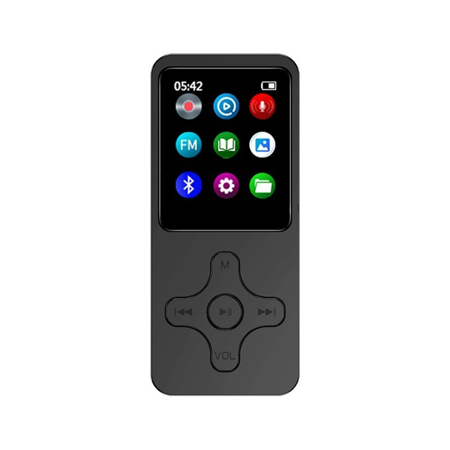 Ein schwarzer MP3-Player mit einem Bildschirm, der Symbole anzeigt. Er hat Tasten für Navigation und Lautstärke.