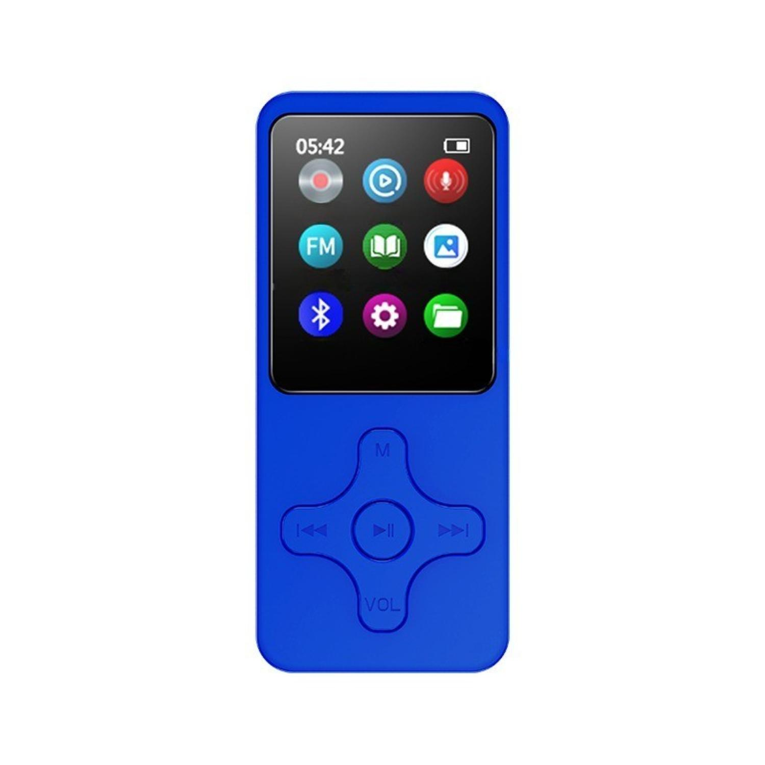 Ein blauer MP3-Player mit einem Bildschirm, der Symbole anzeigt. Er hat Tasten für Navigation und Lautstärke.