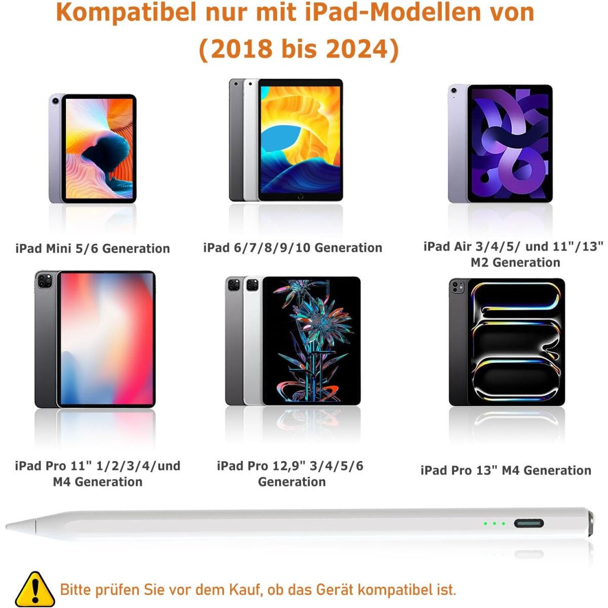 Eine Sammlung von iPads und ein Stift mit dem Text "Kompatibel nur mit iPad-Modellen (2018 bis 2024)"
