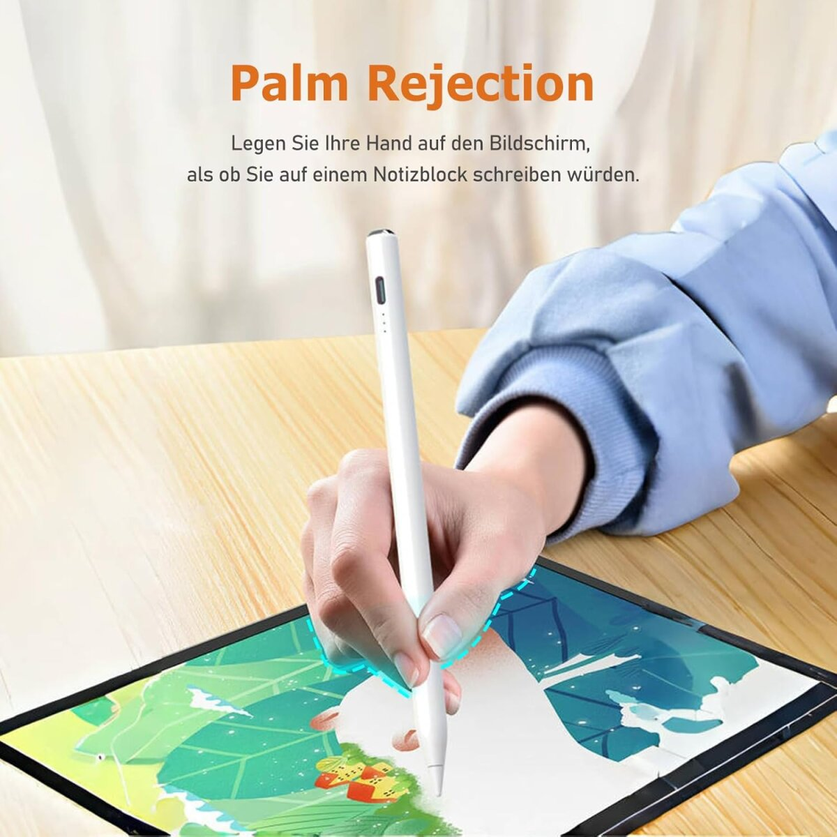 Eine Hand hält einen weißen Stift über einem Tablet. Der Text oben lautet 'Palm Rejection'.