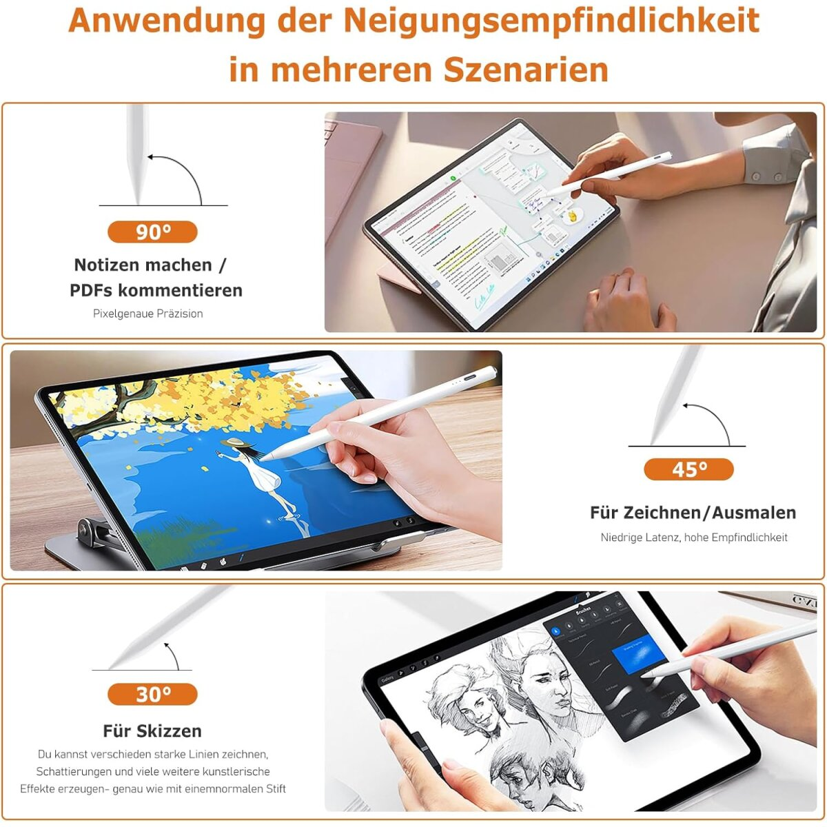 Bilder, die die Verwendung des Stifts auf einem Tablet in verschiedenen Winkeln zeigen: 90, 45 und 30 Grad.
