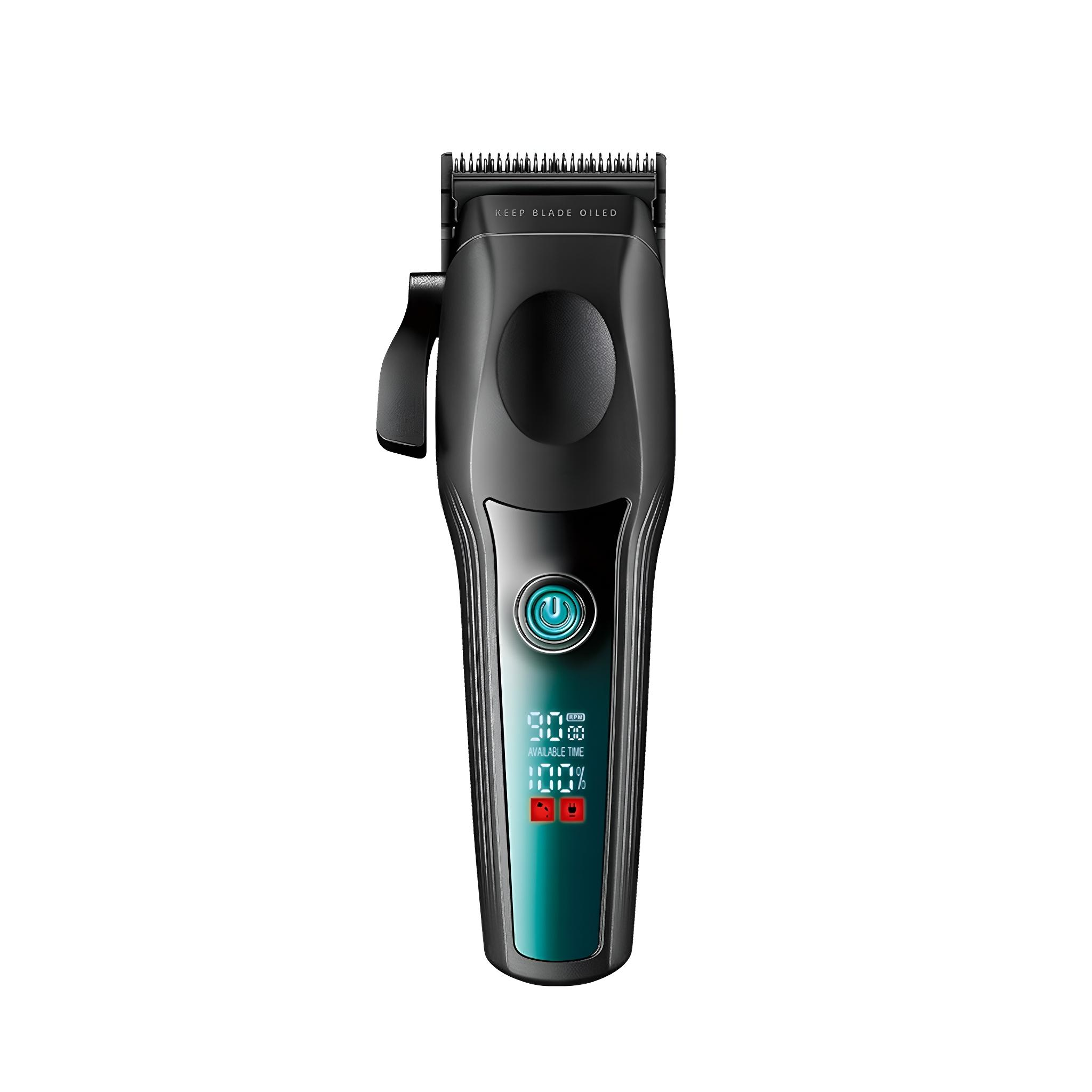 Ein schwarzer Haarschneider mit Digitalanzeige für Akkulaufzeit und Einstellungen, mit türkis Akzent.