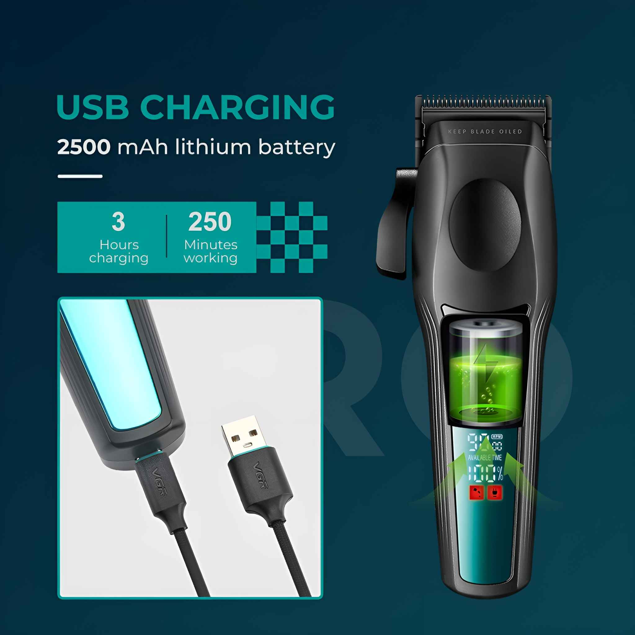 Haarschneider mit Ladeinformationen, Akkulaufzeit und USB-Kabel.
