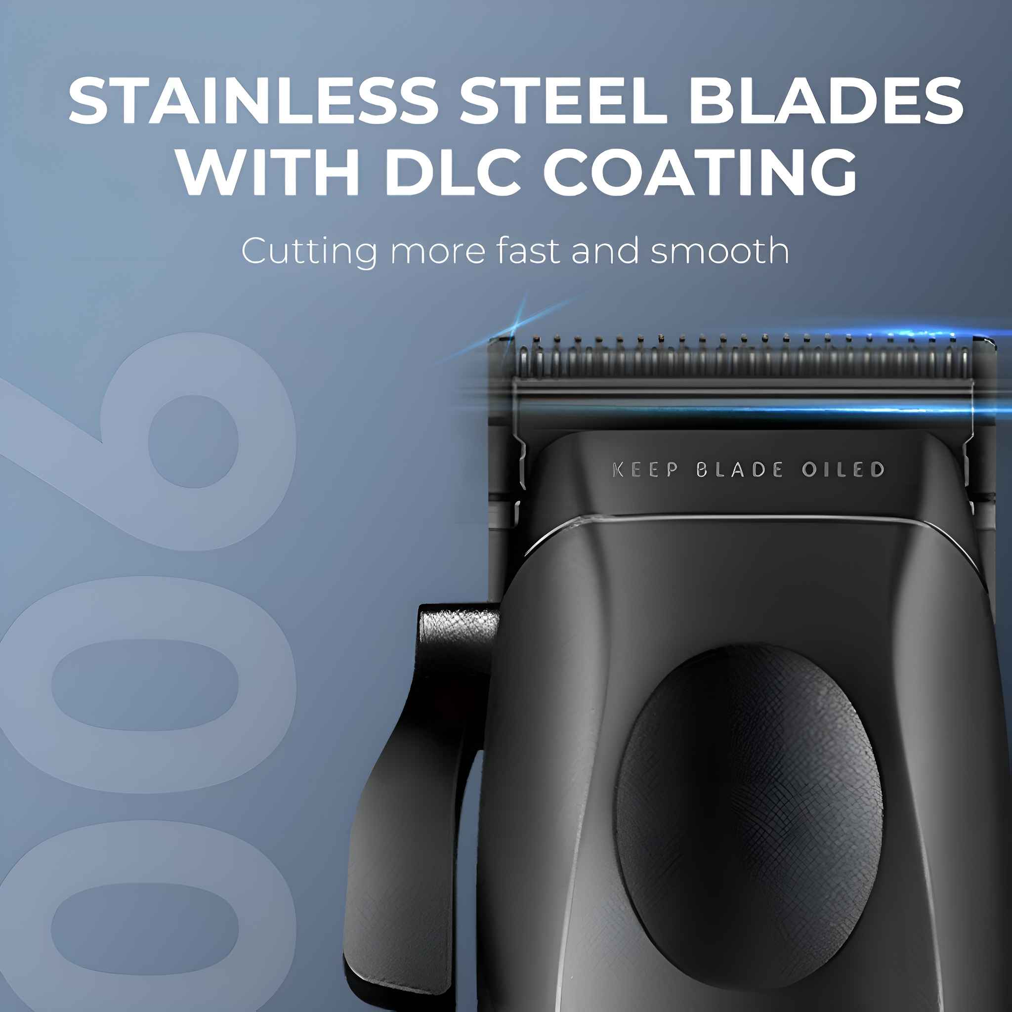 Nahaufnahme eines schwarzen Haarschneiders mit Edelstahlklingen und dem Text 'Keep Blade Oiled'.