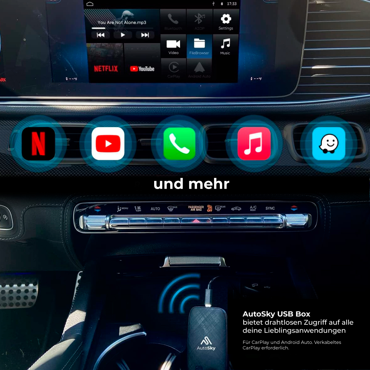 Armaturenbrett eines Autos mit Apps wie Netflix, YouTube und Spotify, darunter eine 'AutoSky USB Box'.