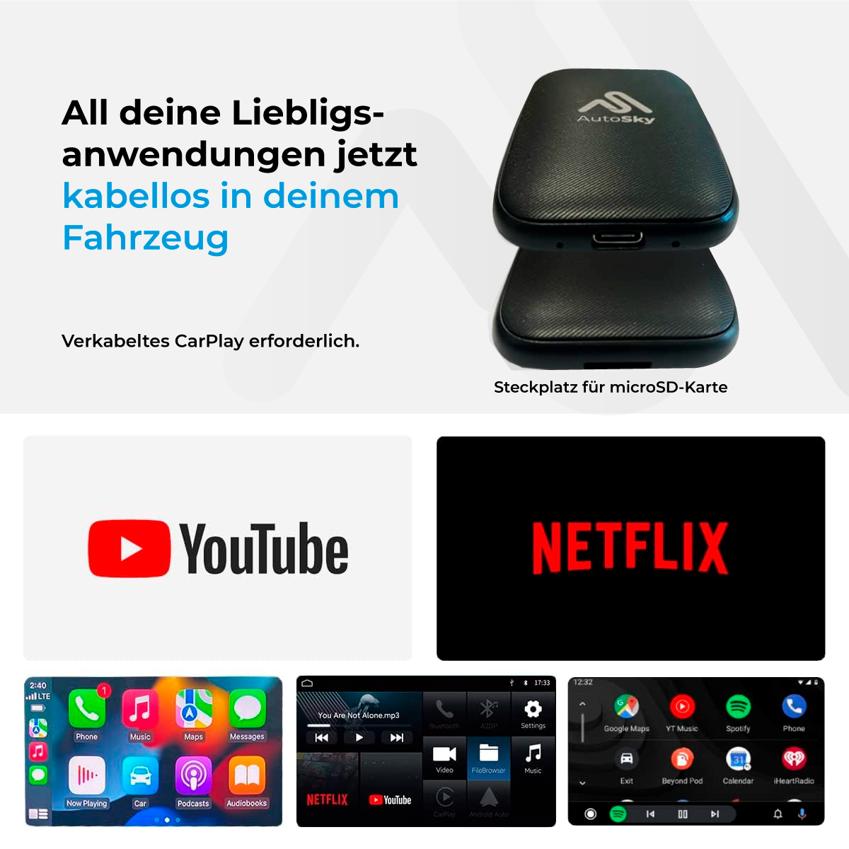 Ein schwarzes Gerät mit Bildschirm, der Apps wie YouTube und Netflix zeigt.