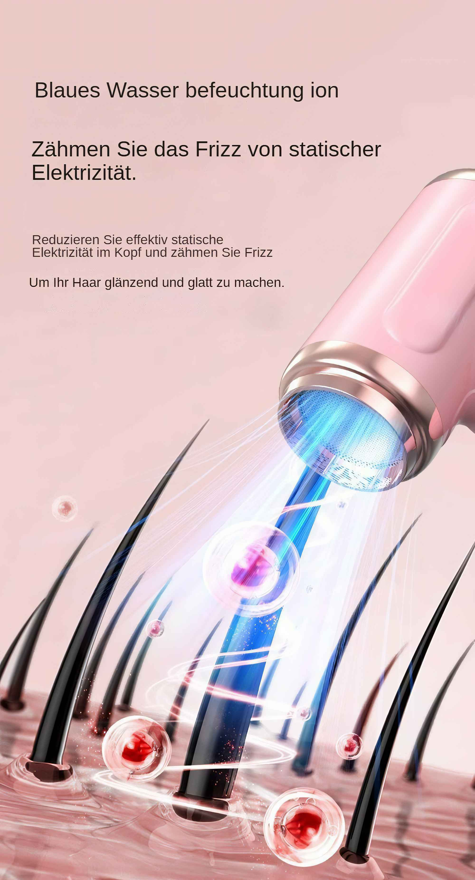 Haartrockner mit blauem Licht auf Haarsträhnen. Text beschreibt die Funktionen des Haartrockners.
