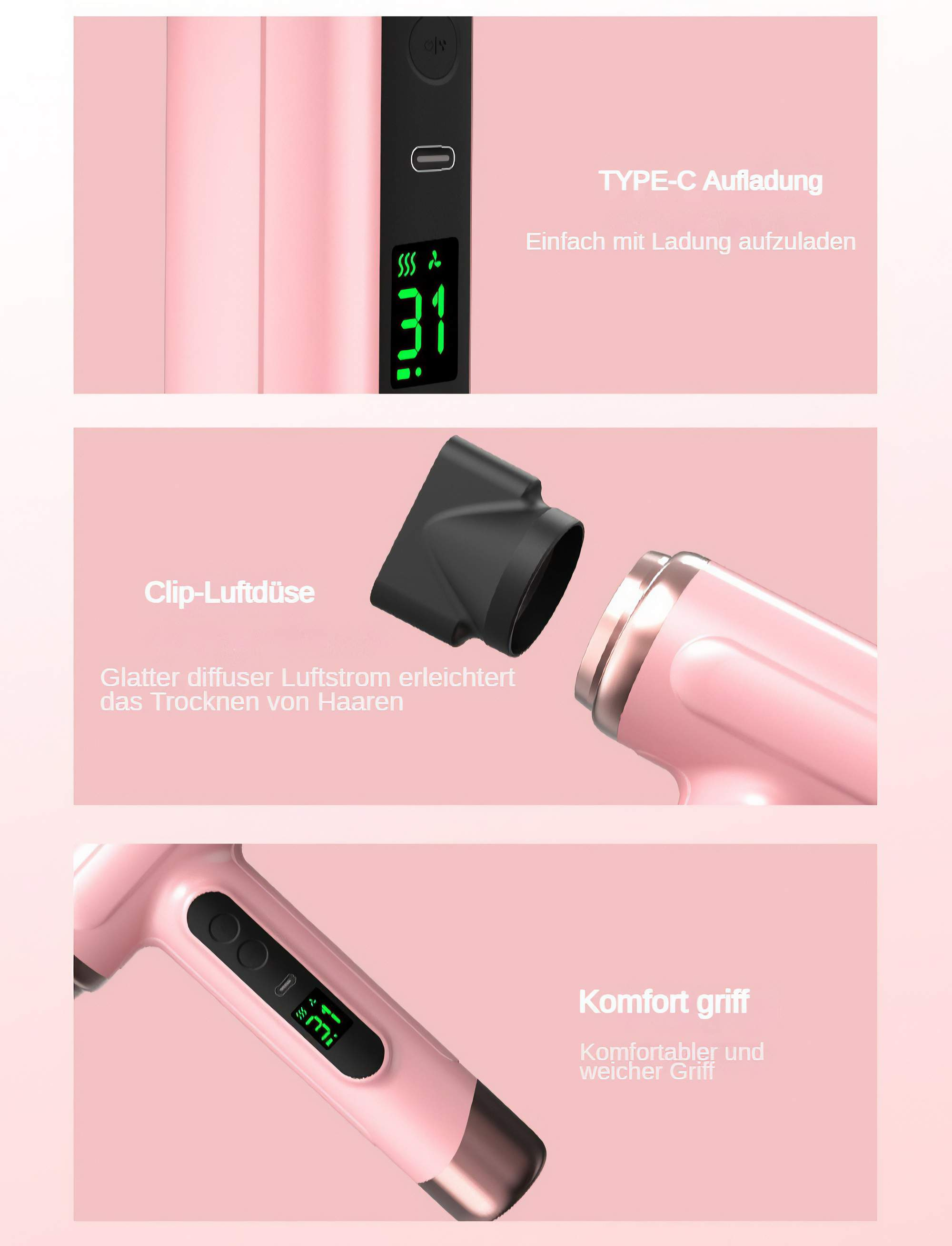 Haartrockner mit Lade-Details und Clip-On-Düse. Display und Komfortgriff sind sichtbar.