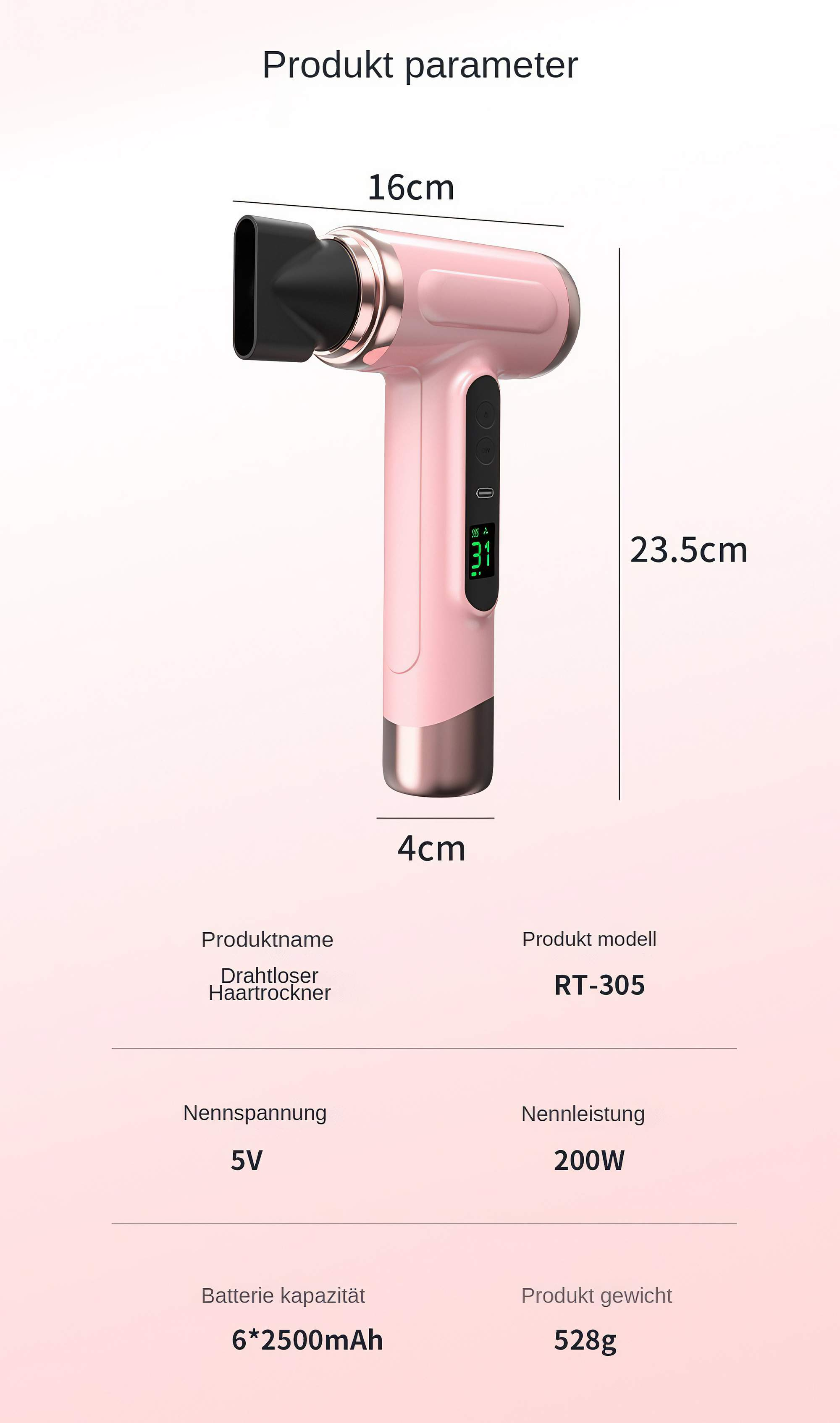 Rosa Haartrockner. 16 cm breit und 23,5 cm hoch. Digitalanzeige. Produktmodell ist RT-305.