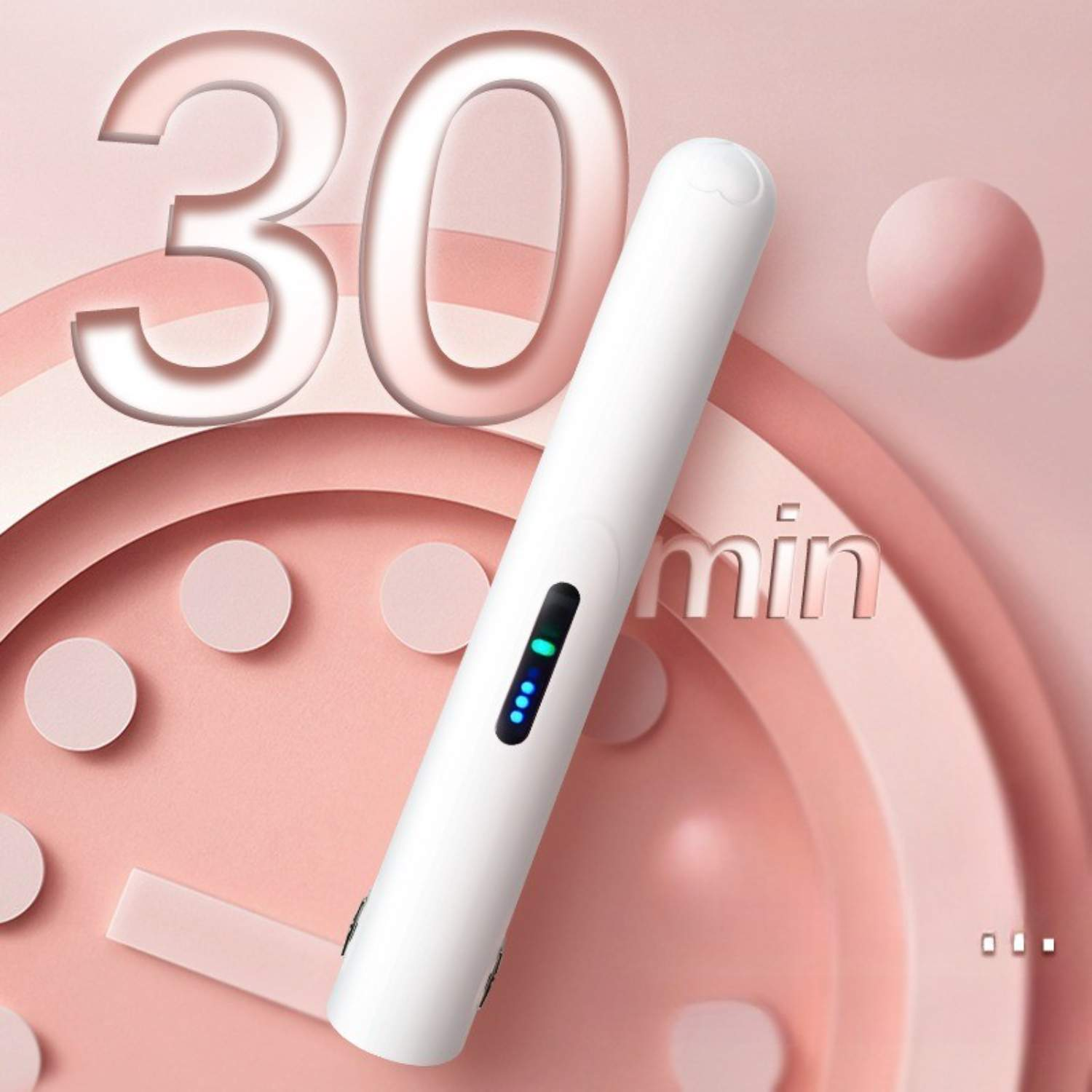 Ein weißes Glätteisen vor rosa Hintergrund, mit 30-Minuten-Timer und Akkuanzeige.