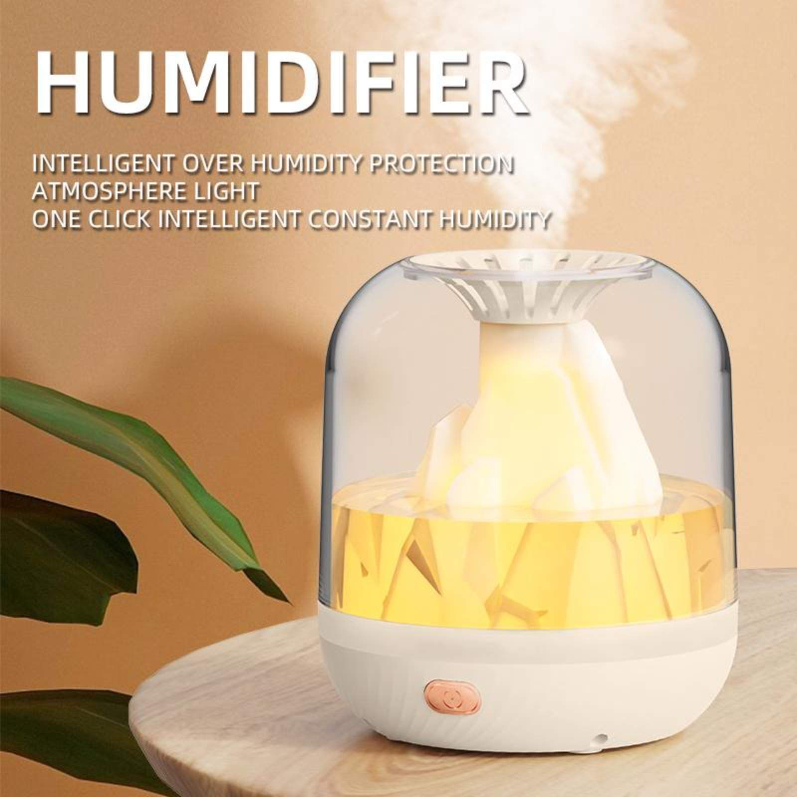 Ein weißer und transparenter Luftbefeuchter mit gelbem Licht, auf einer Holzoberfläche.