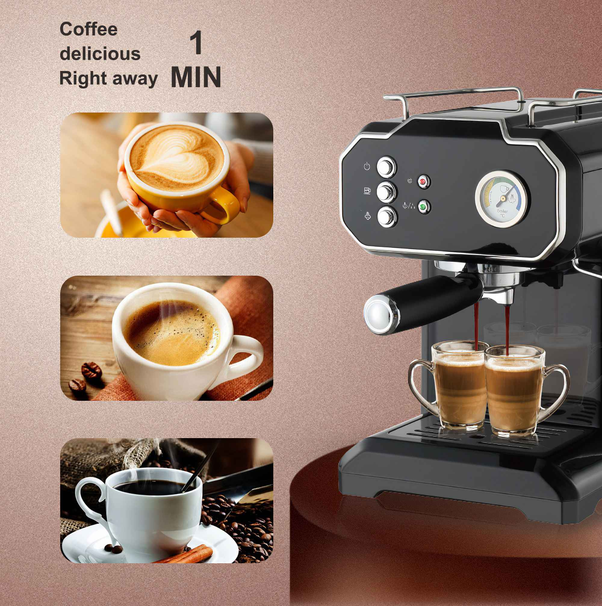Bild zeigt Kaffee und eine Kaffeemaschine. Kaffeetassen sind vorhanden.