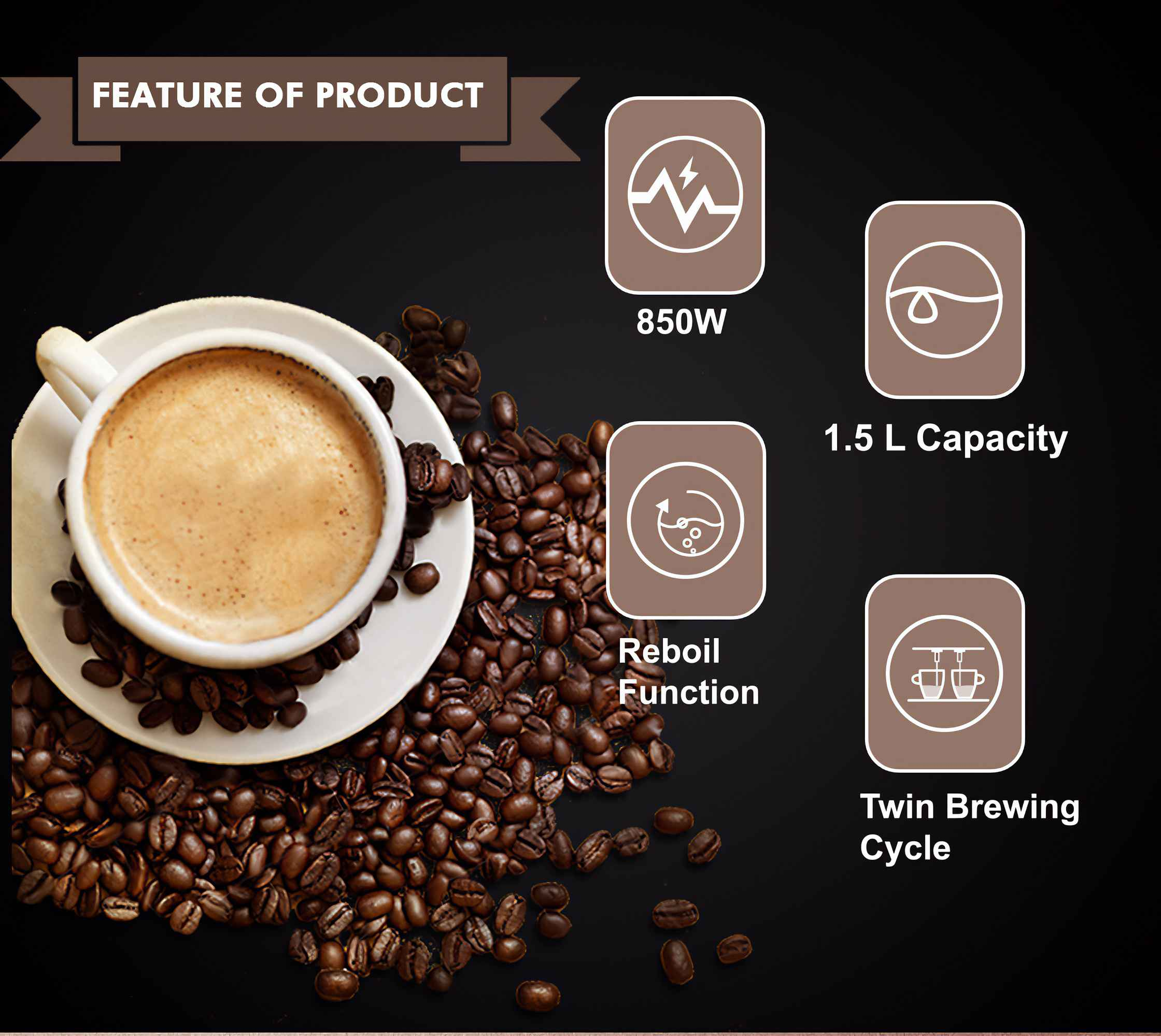Eine Tasse Kaffee mit Kaffeebohnen wird mit Produktmerkmalen angezeigt.