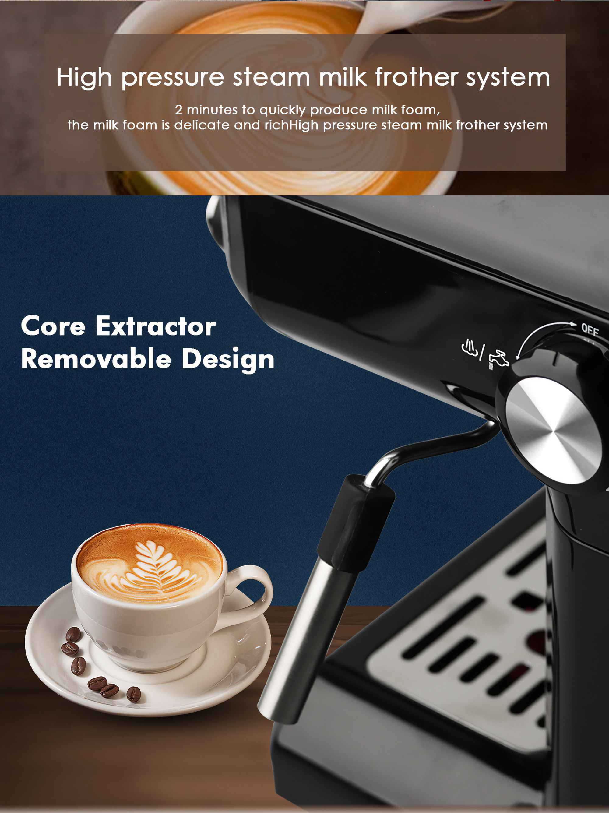 Nahaufnahme einer Kaffeemaschine mit einer Tasse Latte Art und Kaffeebohnen. Die Maschine ist schwarz mit silbernen Akzenten.