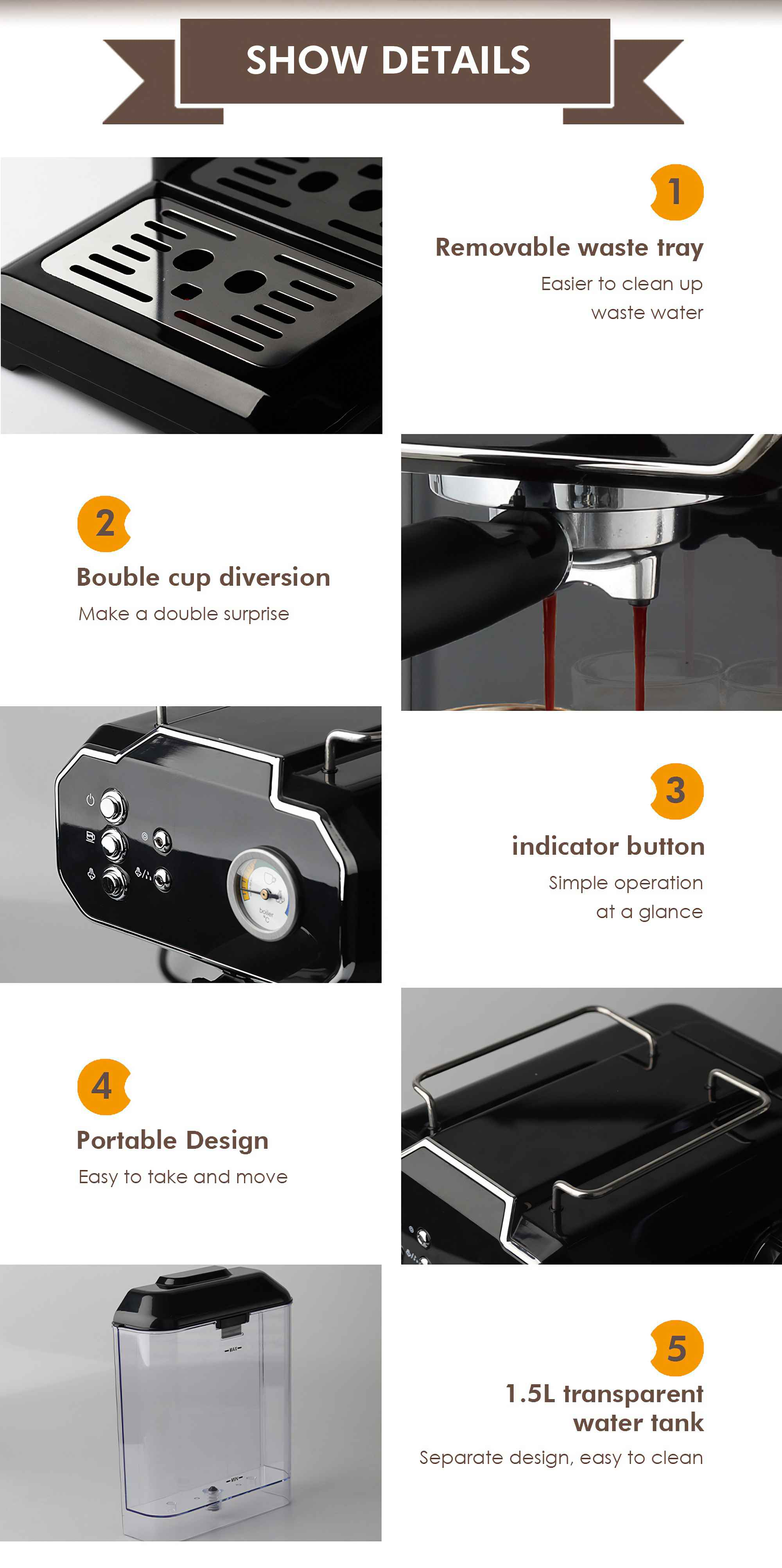 Ein Bild, das Details einer schwarzen Espressomaschine mit verschiedenen Funktionen zeigt.