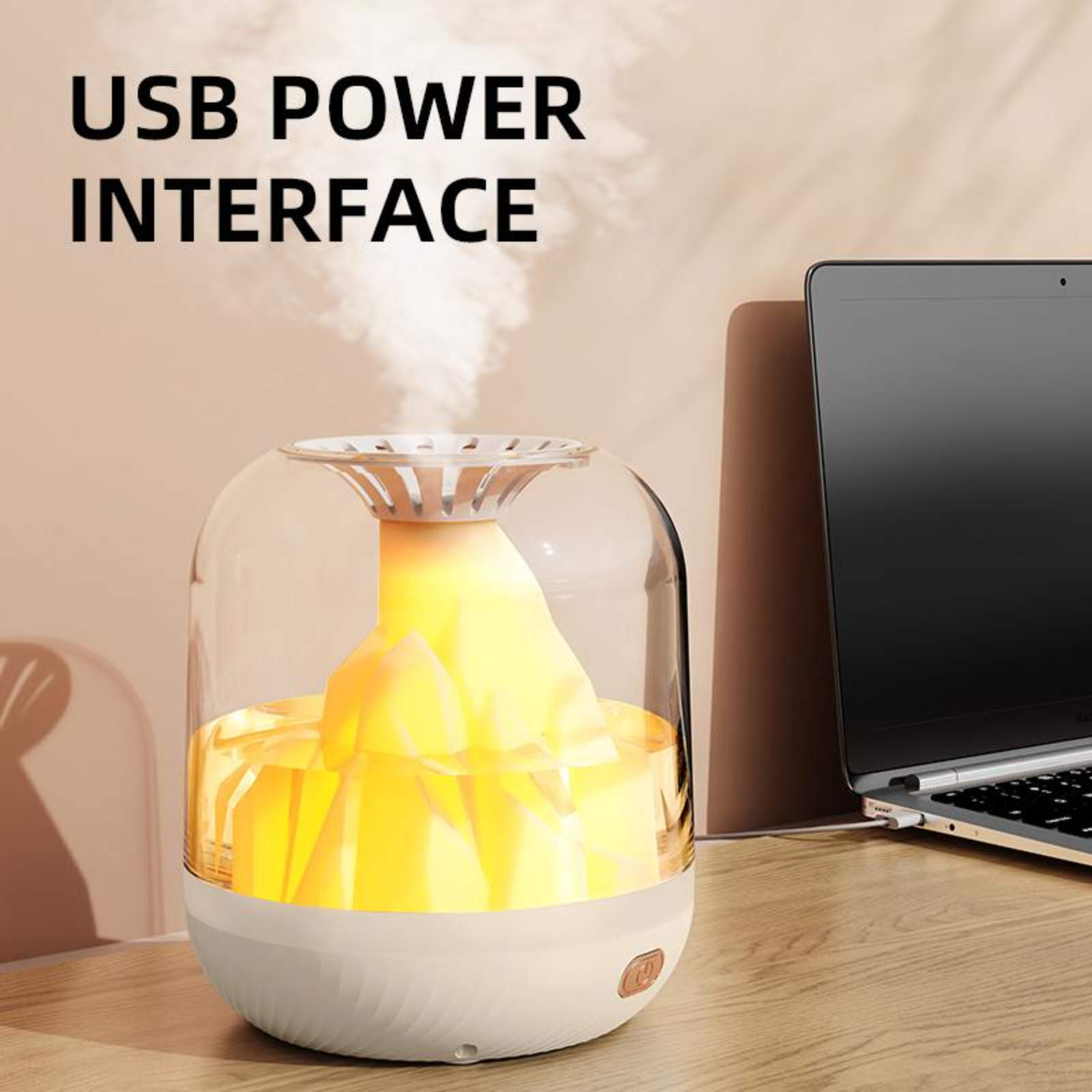 Ein Luftbefeuchter mit einem Laptop im Hintergrund. USB-Schnittstelle wird gezeigt.