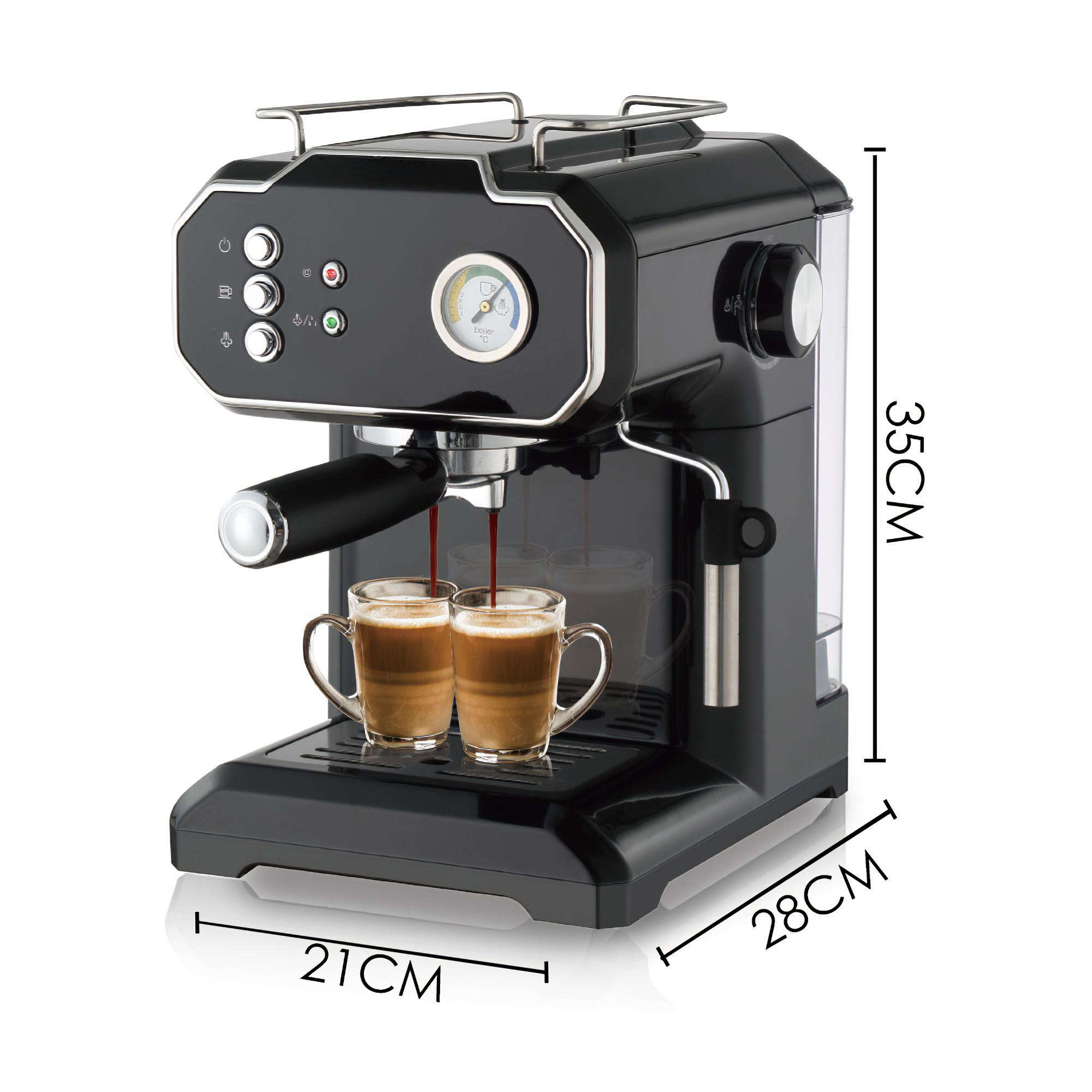 Eine schwarze Espressomaschine, daneben werden die Abmessungen angezeigt.
