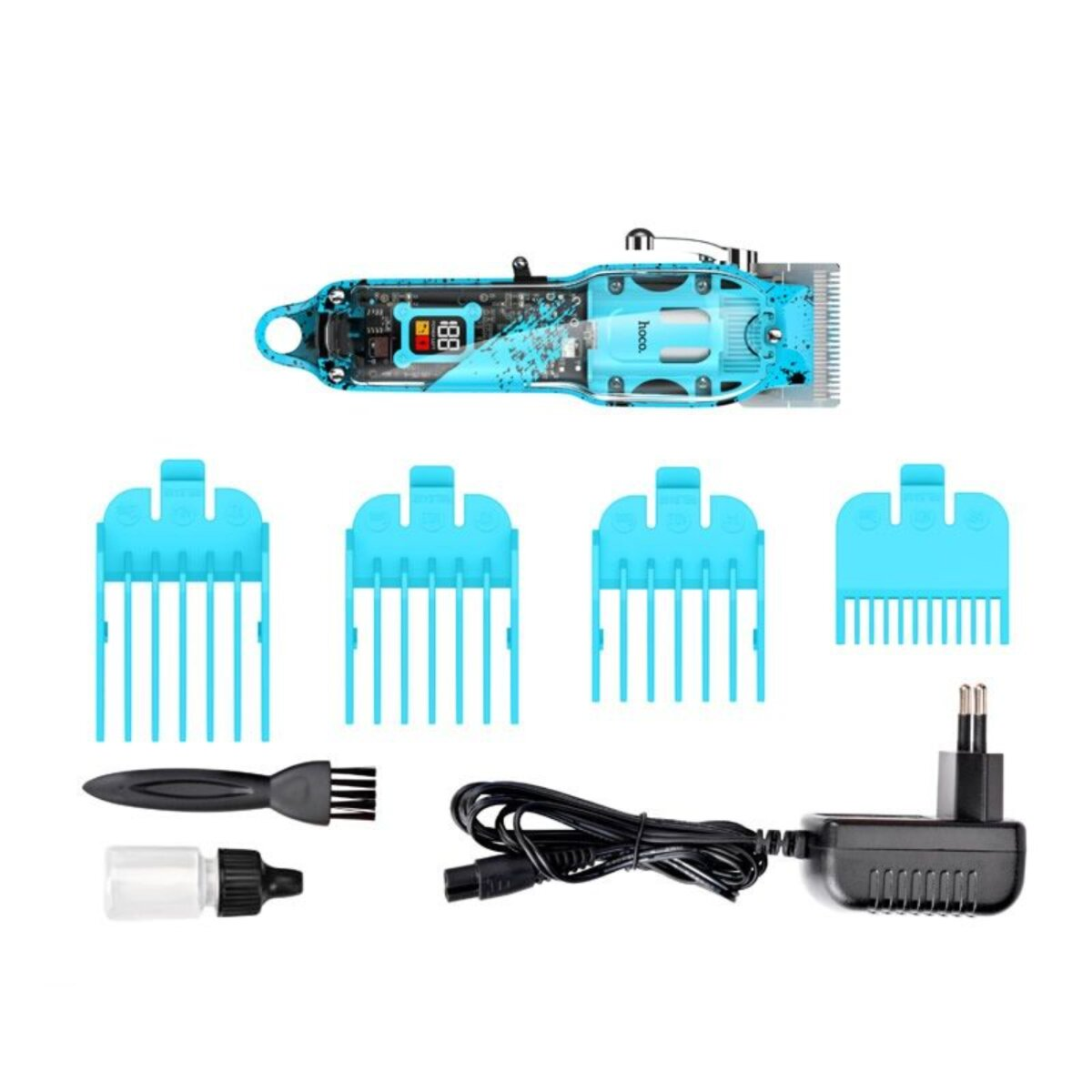 Ein elektrischer Haarschneider mit blauen Akzenten und mehreren Aufsätzen, Netzteil und Reinigungsbürste.